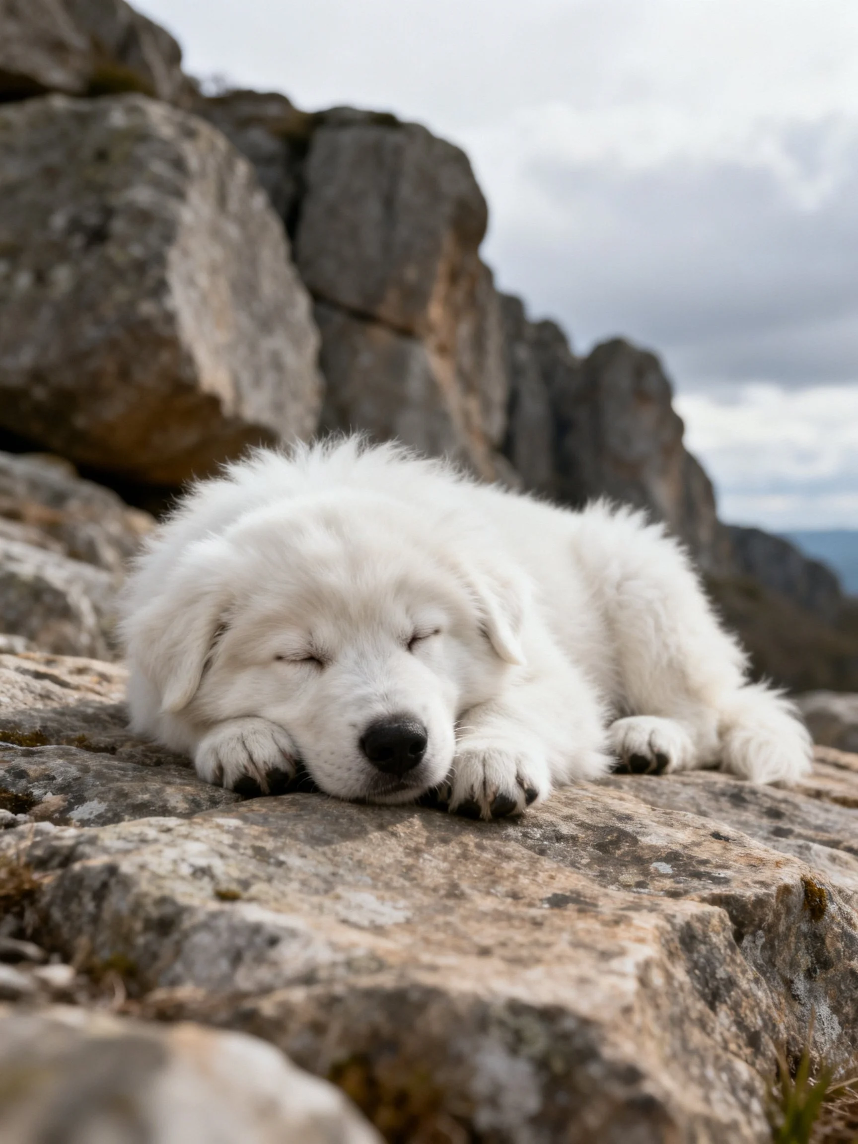 A fluffy white puppy sleeps on rocky surfaces.