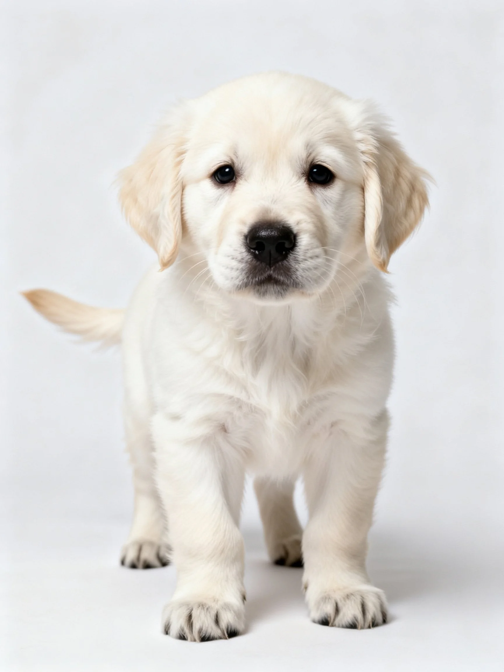 A small white puppy is centered on a plain white backdrop.