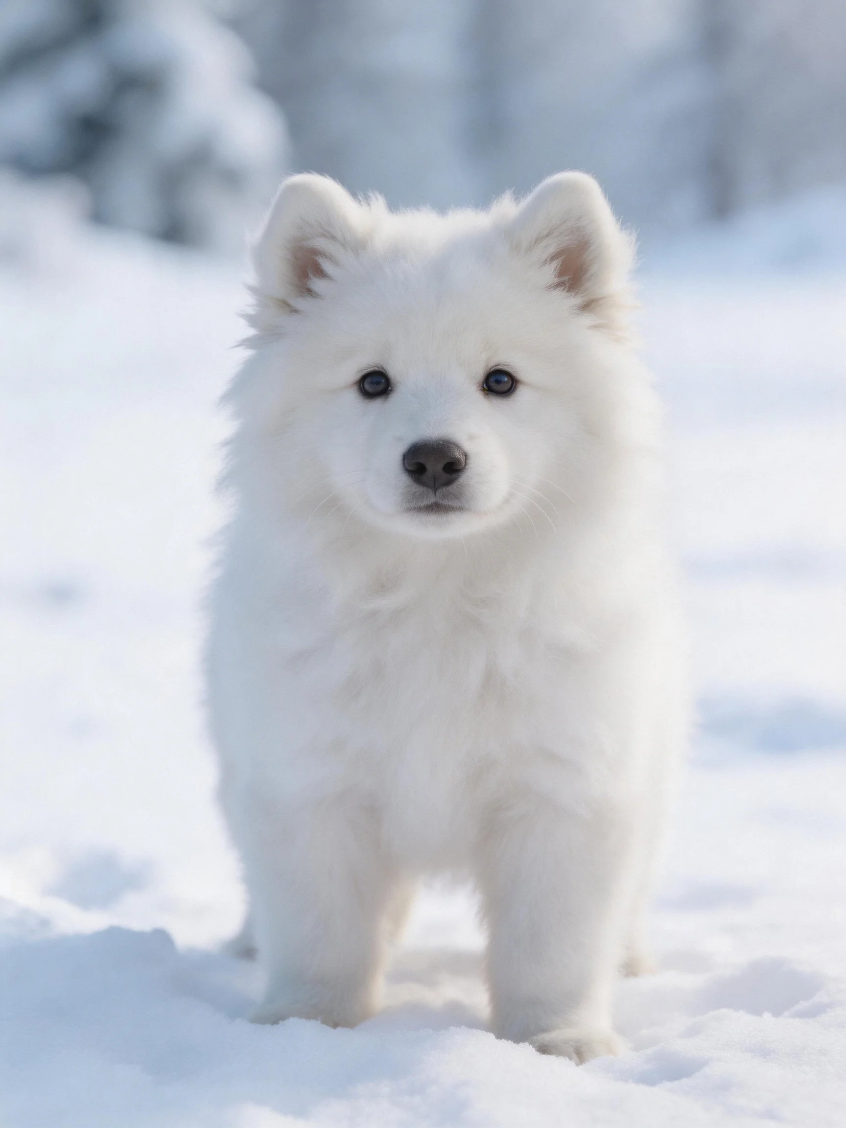 A fluffy white puppy stands in a bright, snowy outdoor setting.