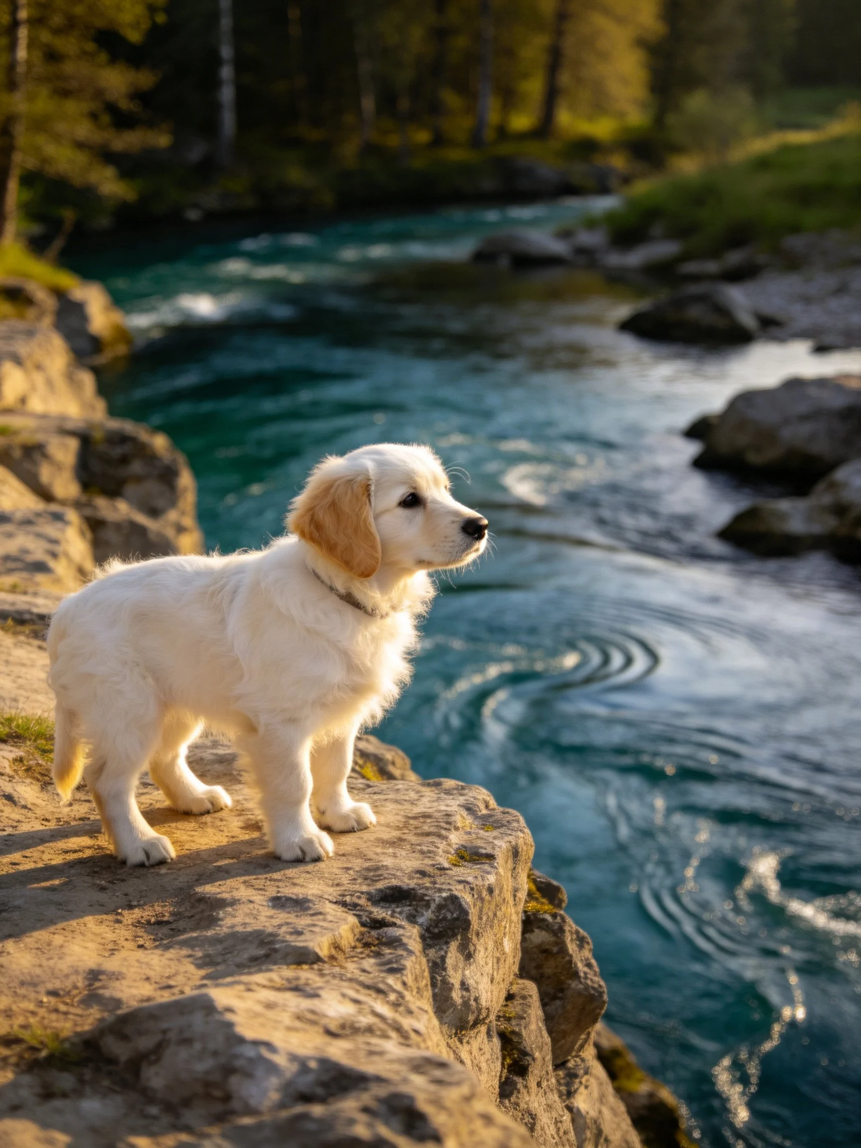 Fluffy white puppy stands on rocky cliffs by a turquoise river.