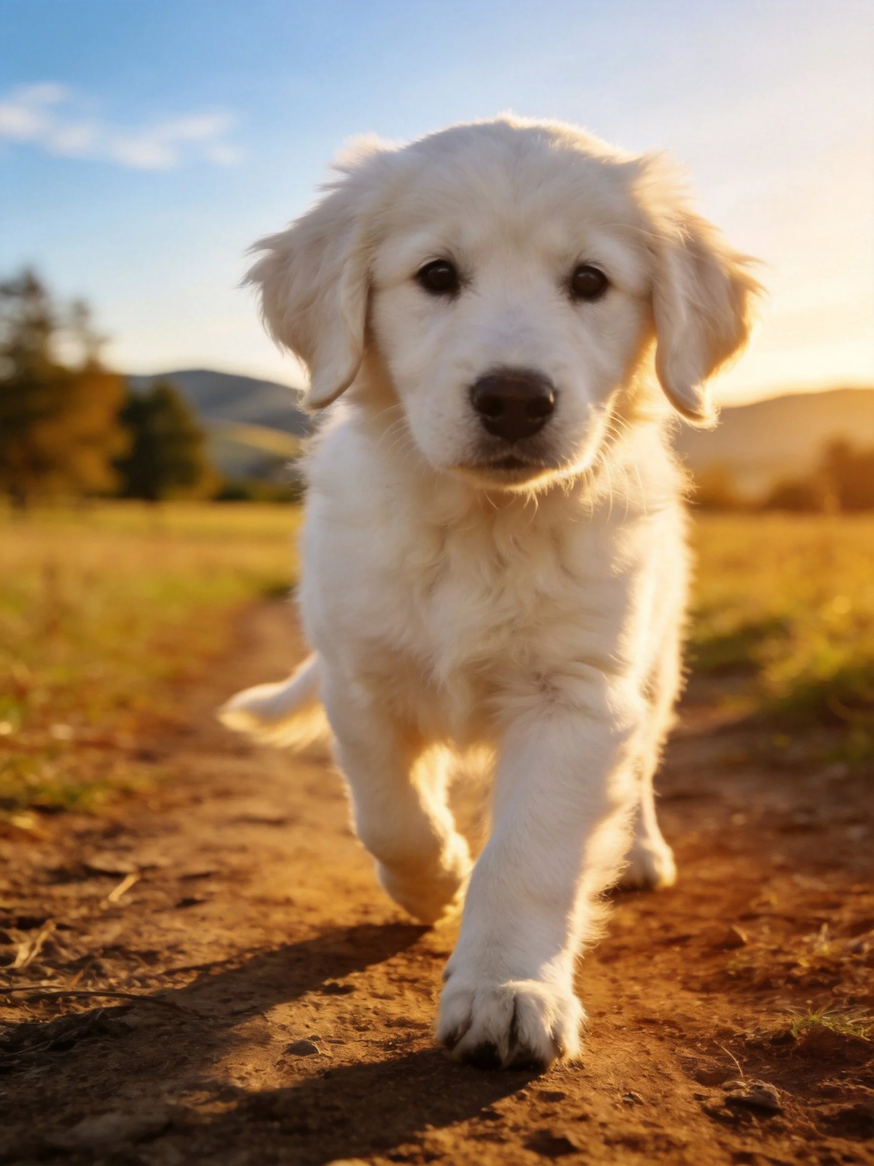 A fluffy white puppy approaches the viewer on a sunlit dirt path in an open field.