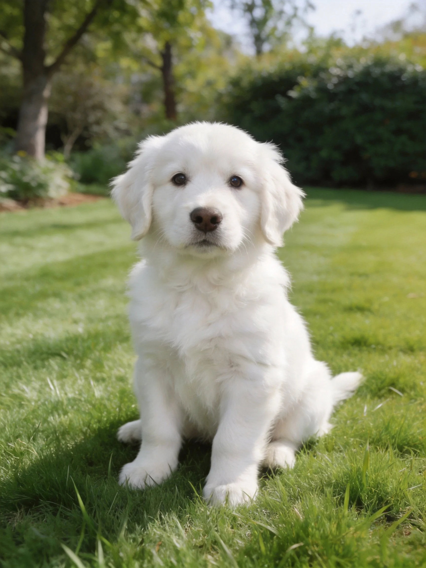 A fluffy white puppy sits on green grass in a sunny outdoor setting