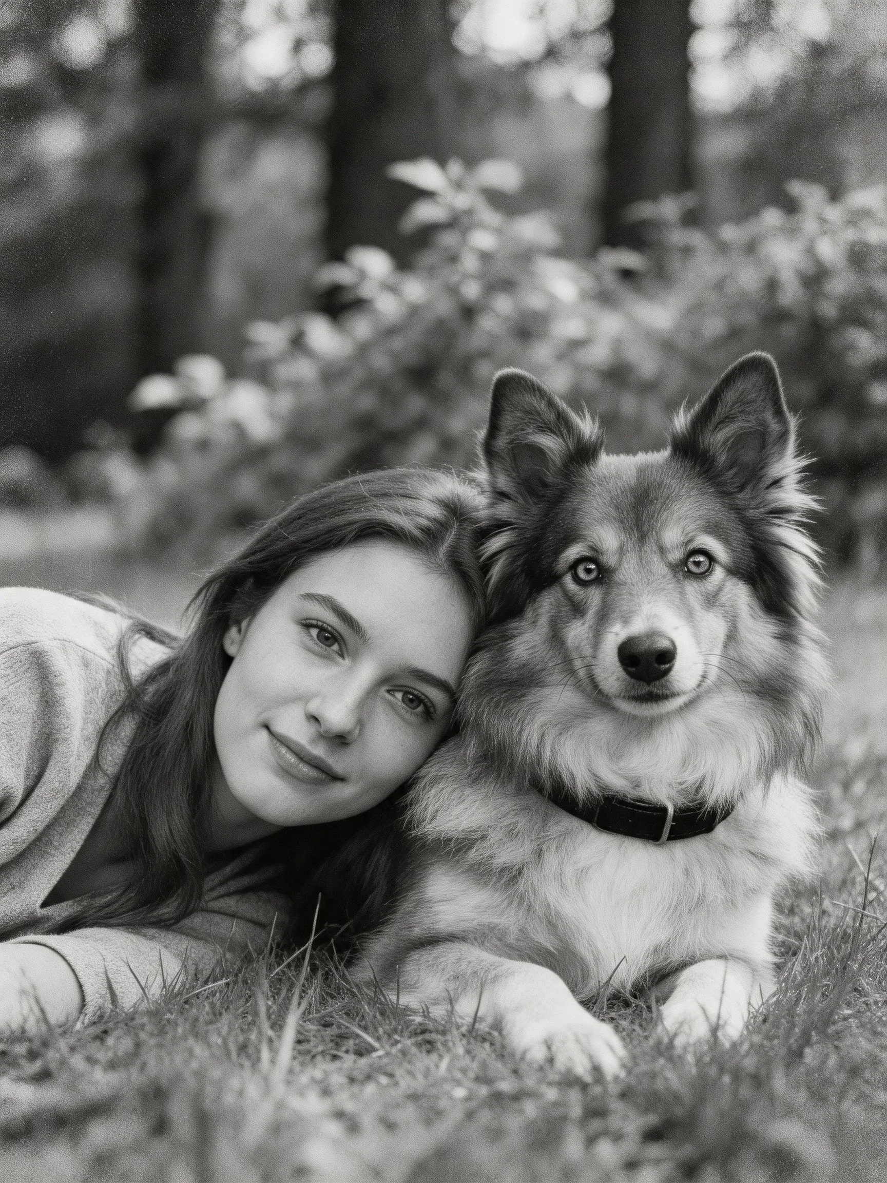 A girl and her dog relax on grass in a wooded area.