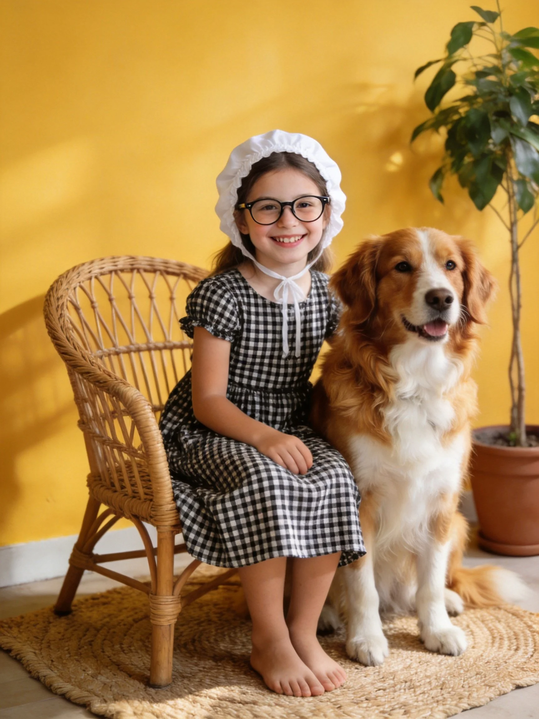A girl in a checkered dress sits next to a golden retriever by a yellow wall.