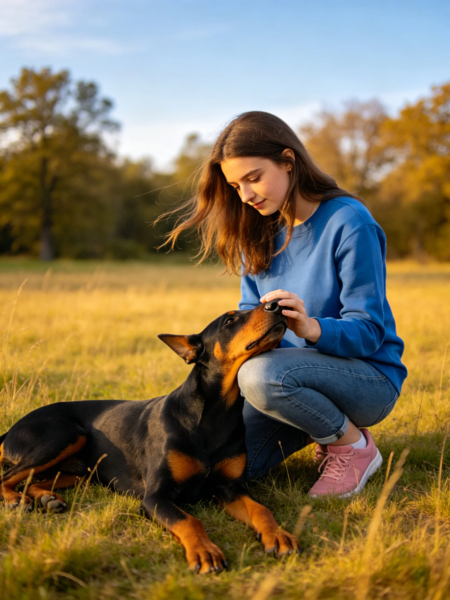 A girl crouches to interact with a black and tan dog in a sunlit grassy area.