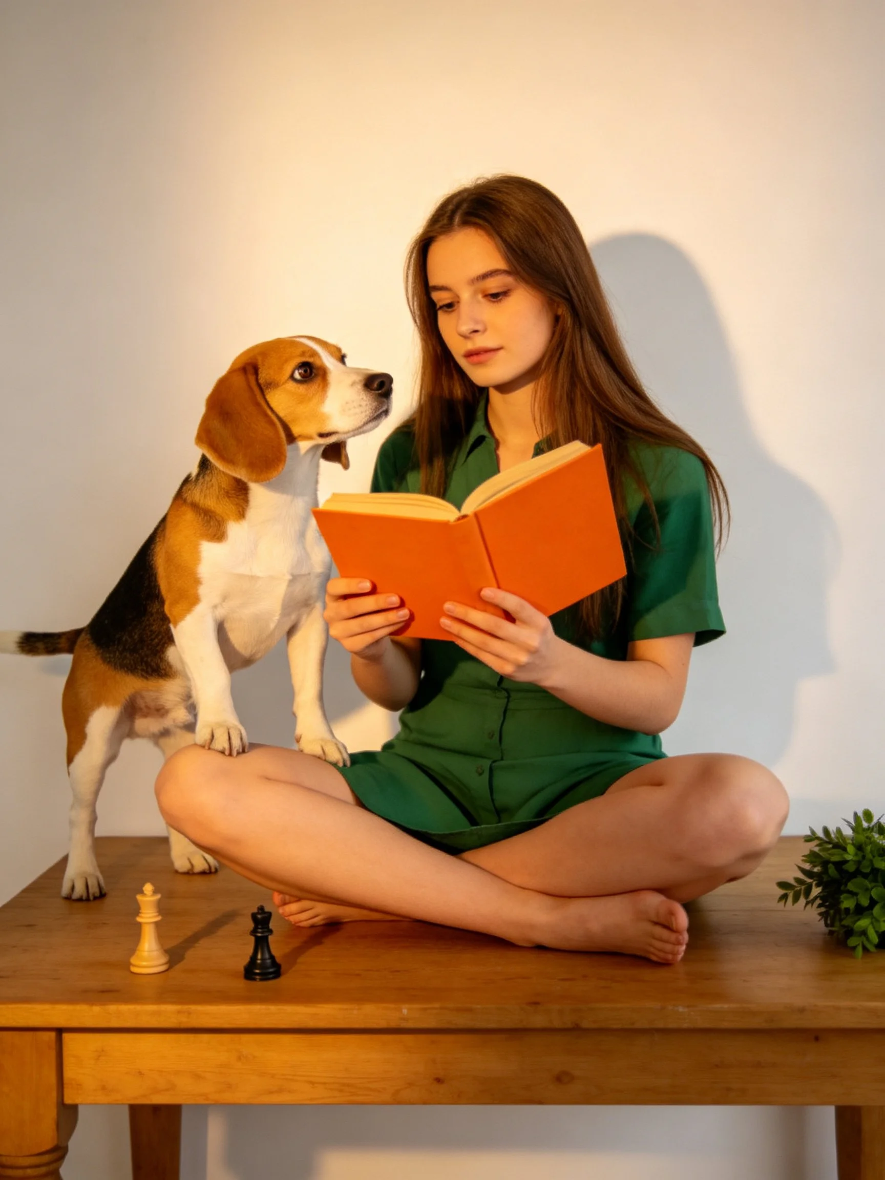 A girl reads a book while a beagle observes her on a wooden table.