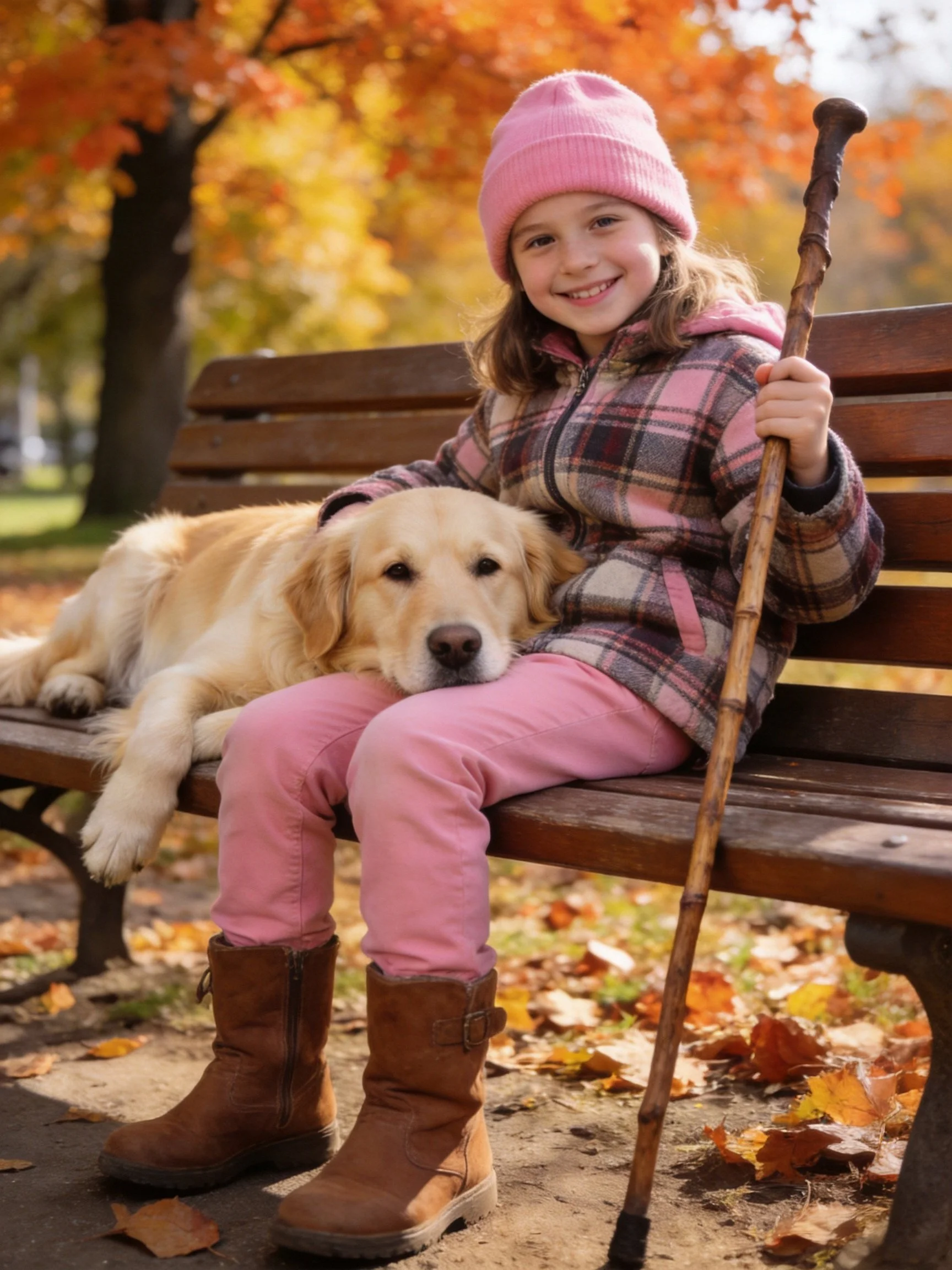 A girl in a pink beanie sits on a wooden bench with a golden retriever during autumn.