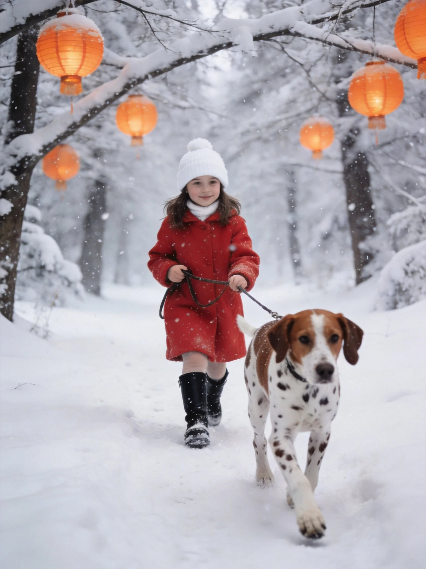 A girl in a red coat walks her spotted dog along a snowy path with hanging lanterns.