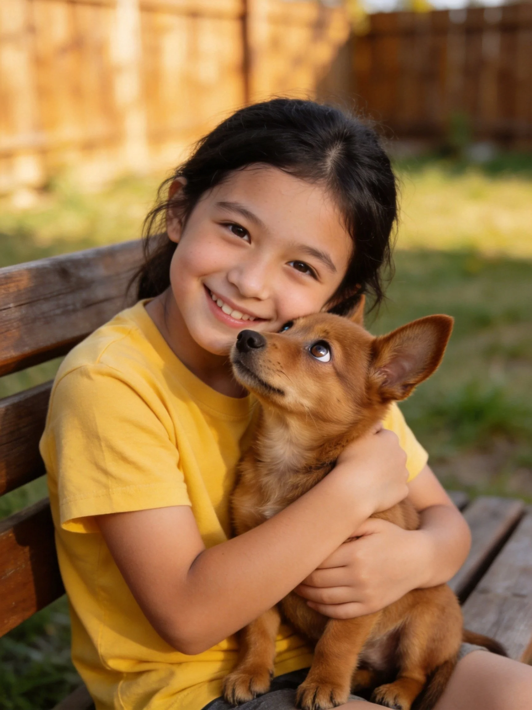 A girl in a yellow shirt shares affection with a small brown dog on an outdoor bench.