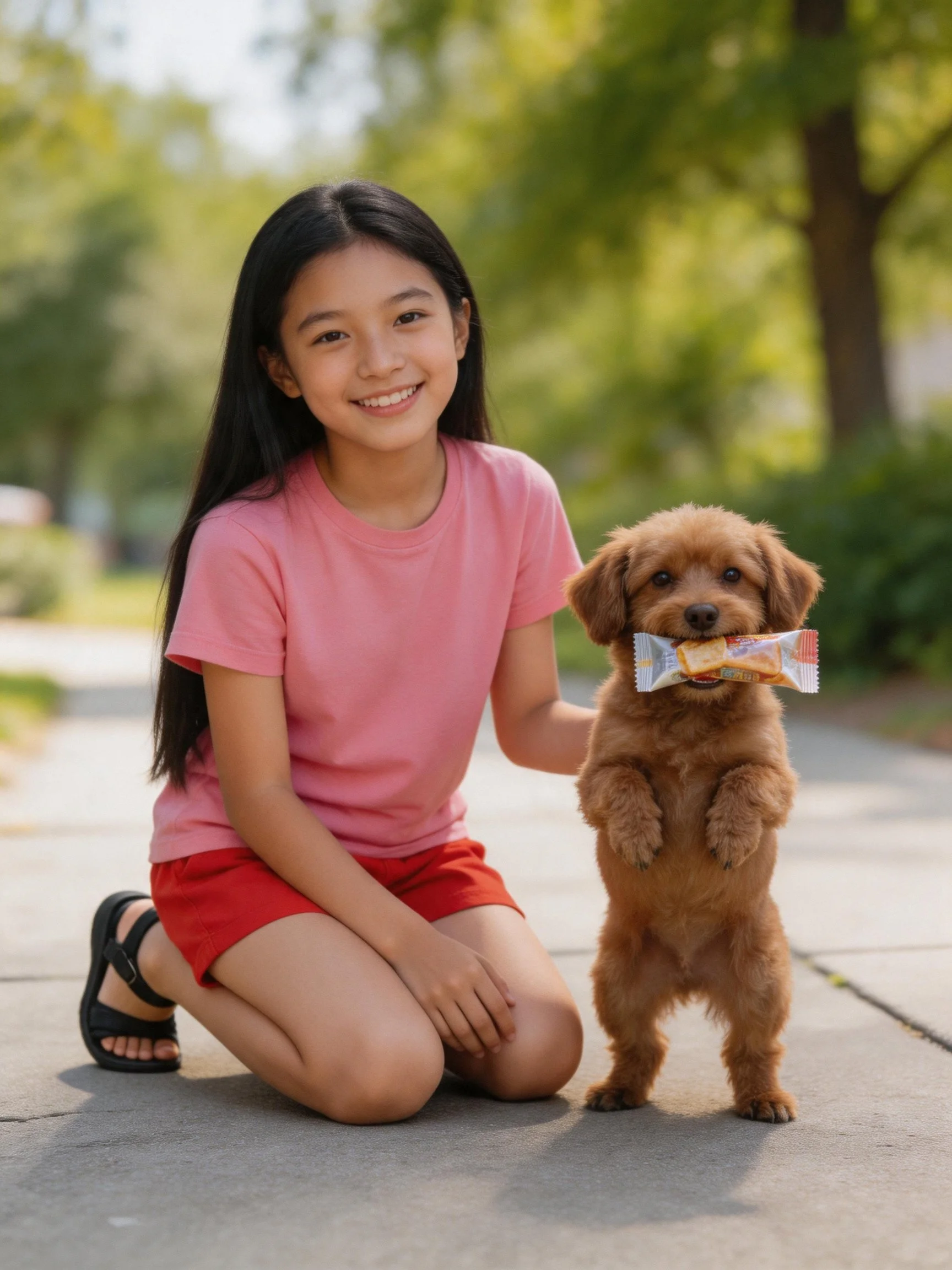 A girl in pink clothes kneels near a brown puppy with a treat