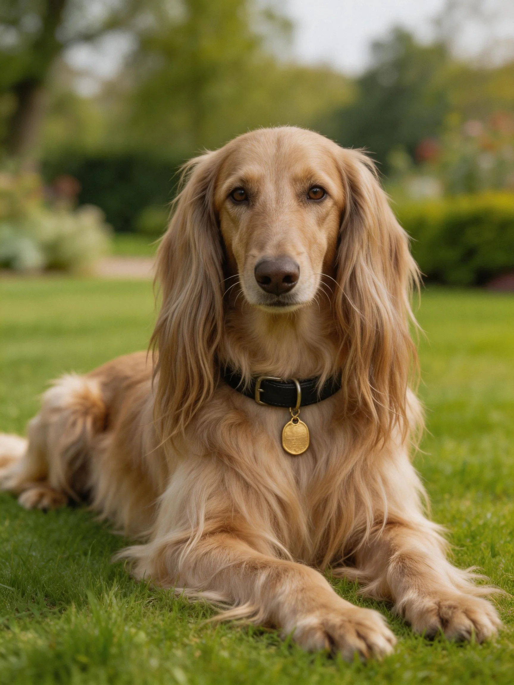 An Afghan Hound with long golden fur relaxes on green grass in a garden.