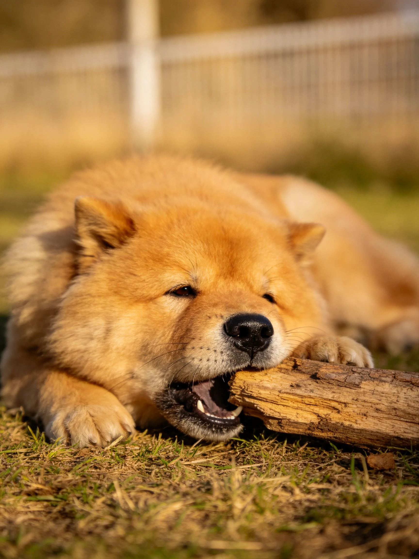 A golden Chow puppy gnawing on a weathered wooden log outdoors