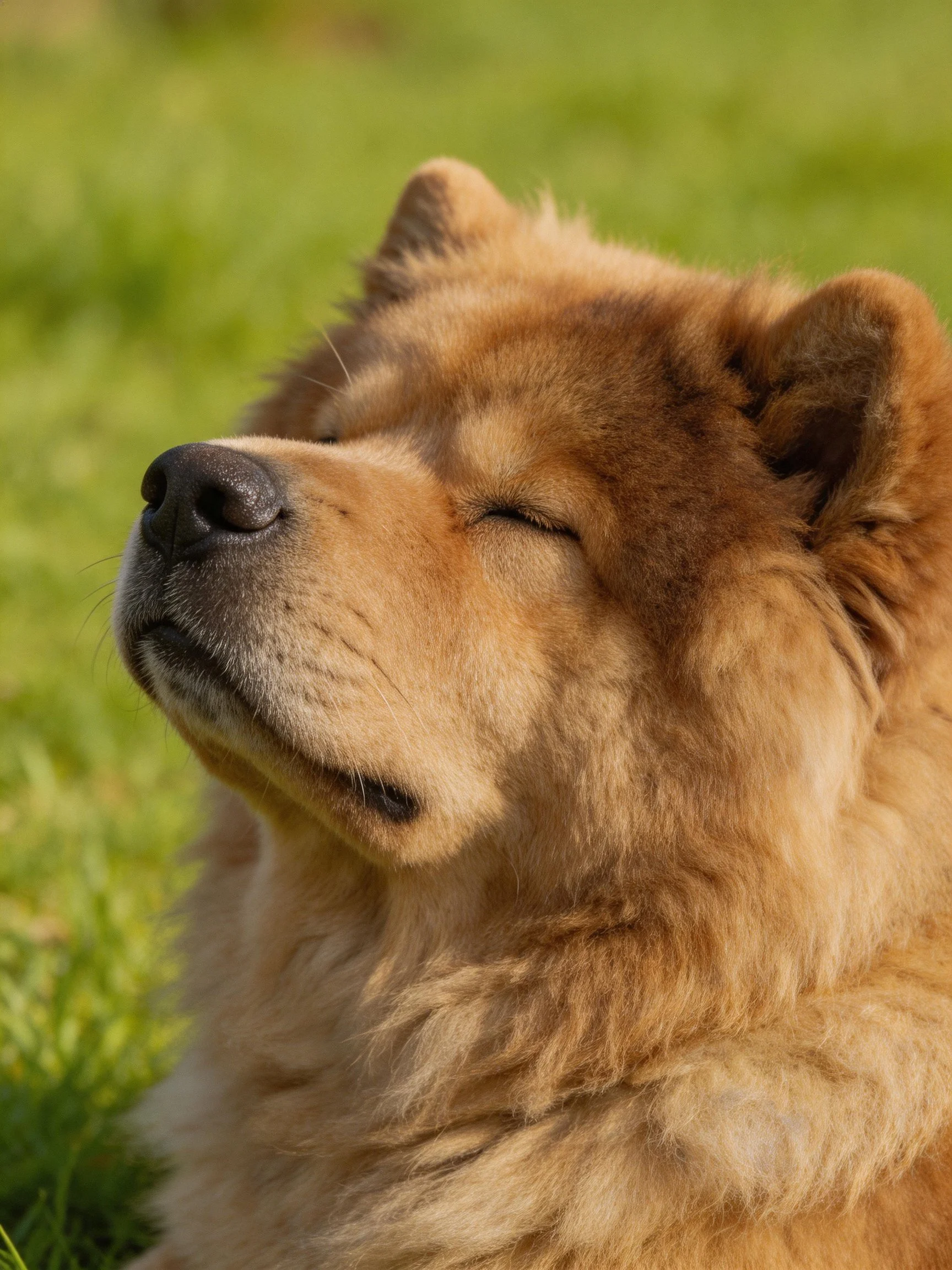 A golden Chow relaxes on green grass