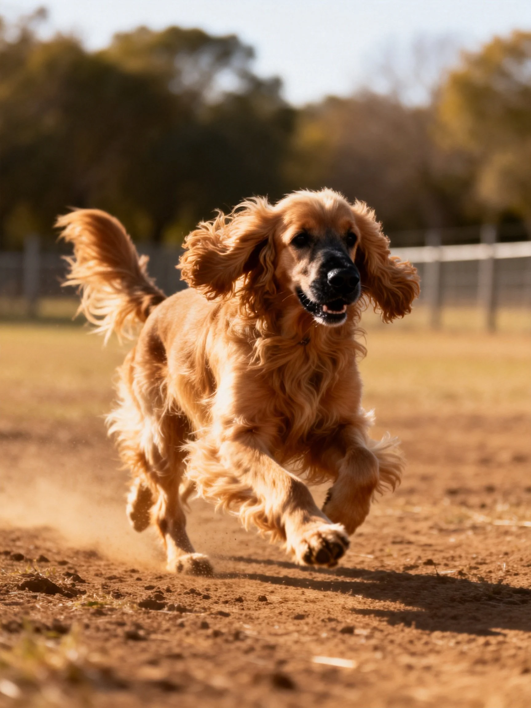 A golden Cocker Spaniel dashes across dusty terrain