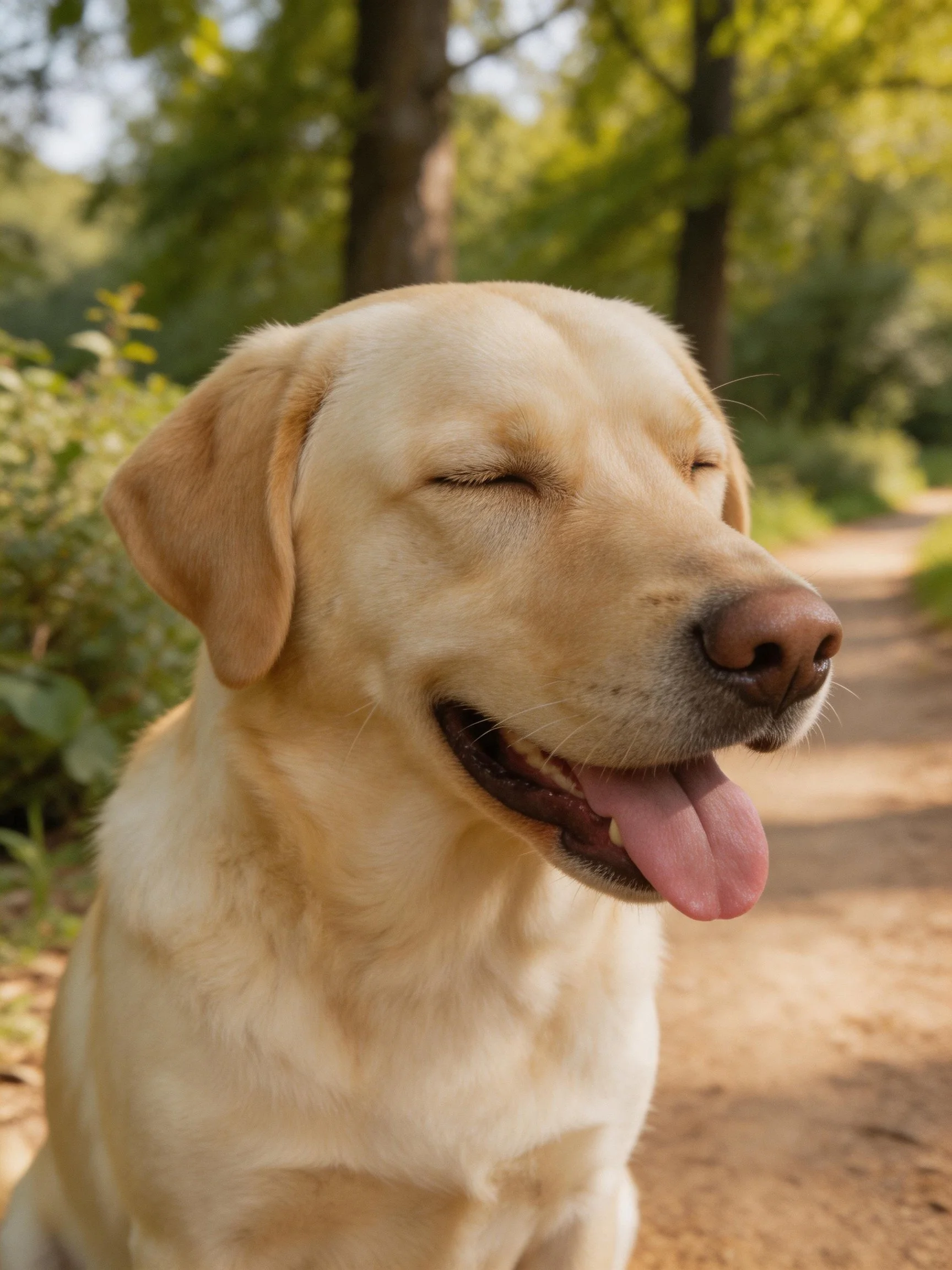 A golden Labrador Retriever enjoys a peaceful moment on a sunlit forest path.