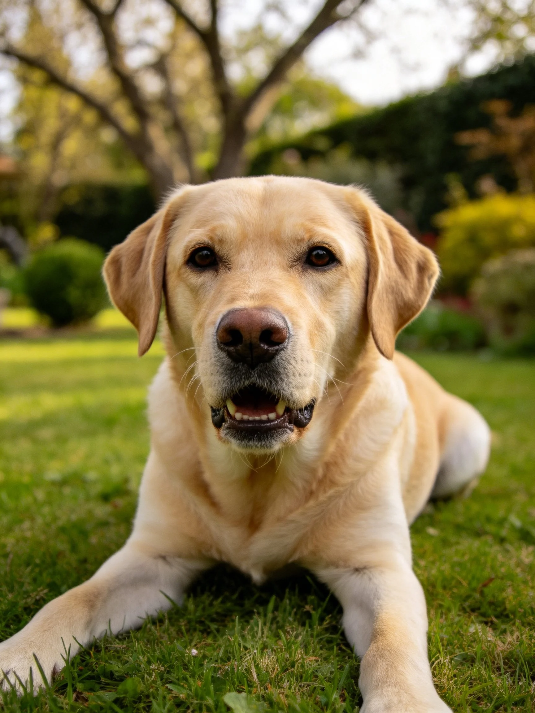 A golden Labrador Retriever relaxes on green grass in a sunlit garden.