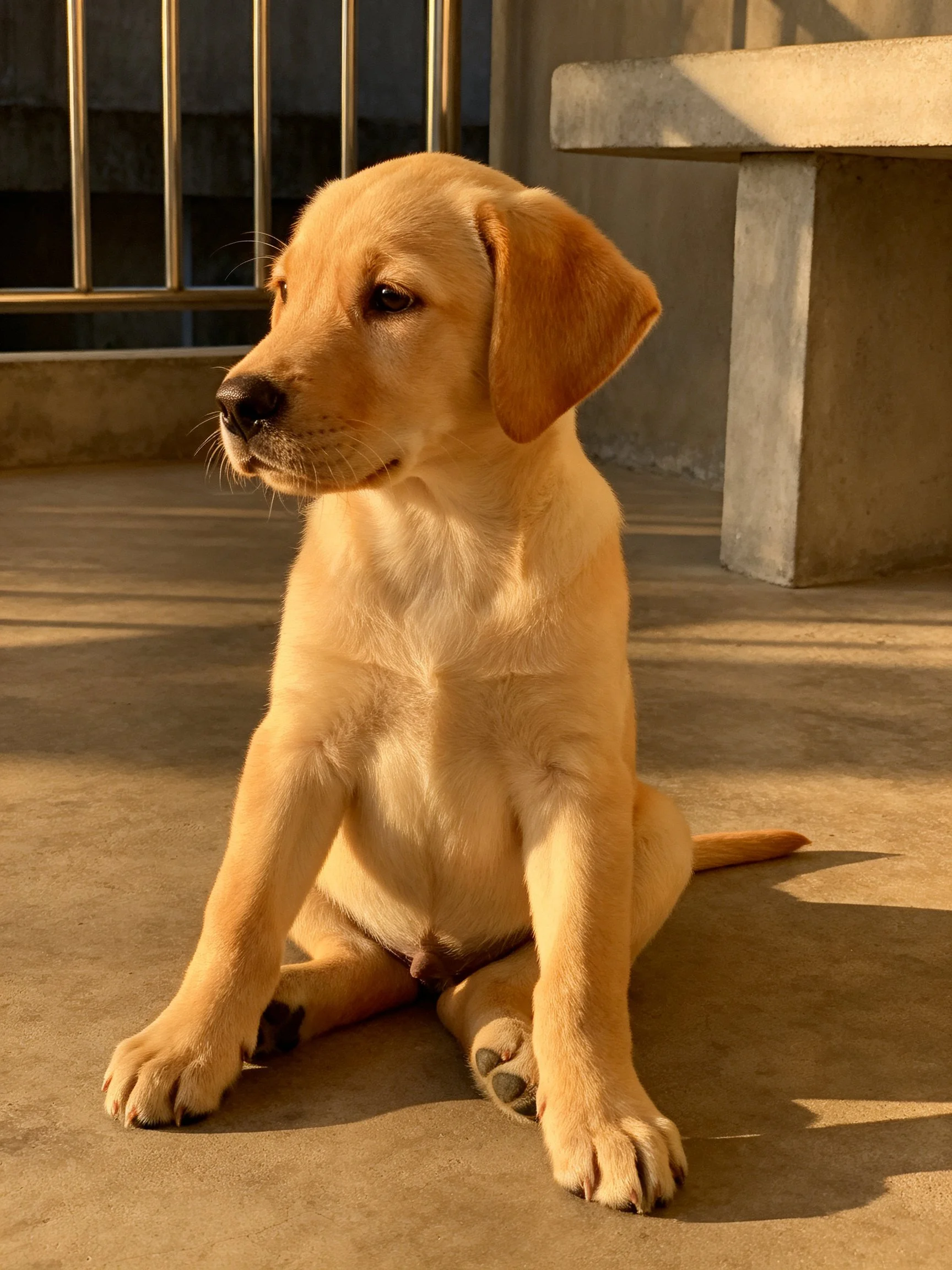 A golden Labrador puppy sits peacefully on a sunlit concrete surface near a bench and railing