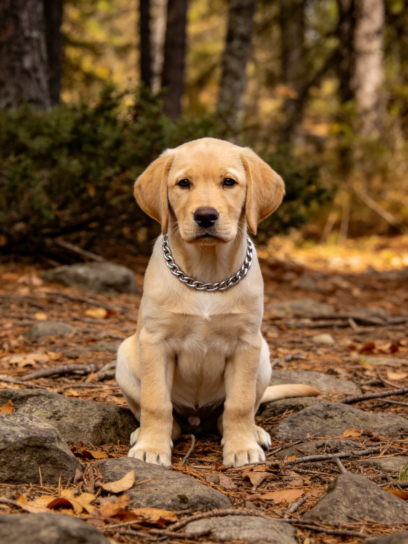A golden Labrador puppy with a silver chain collar sits calmly on rocky forest ground amid autumn foliage.