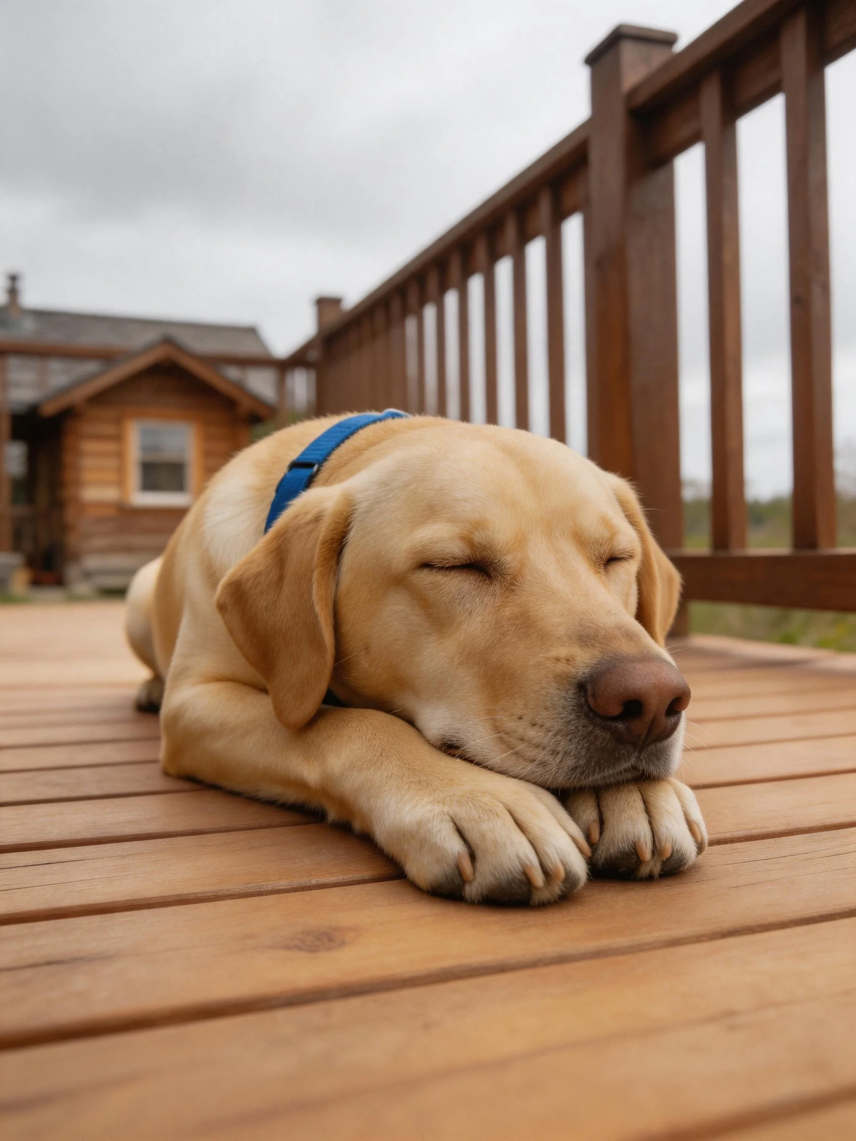 A golden Labrador peacefully rests on a wooden deck outside a rustic cabin.