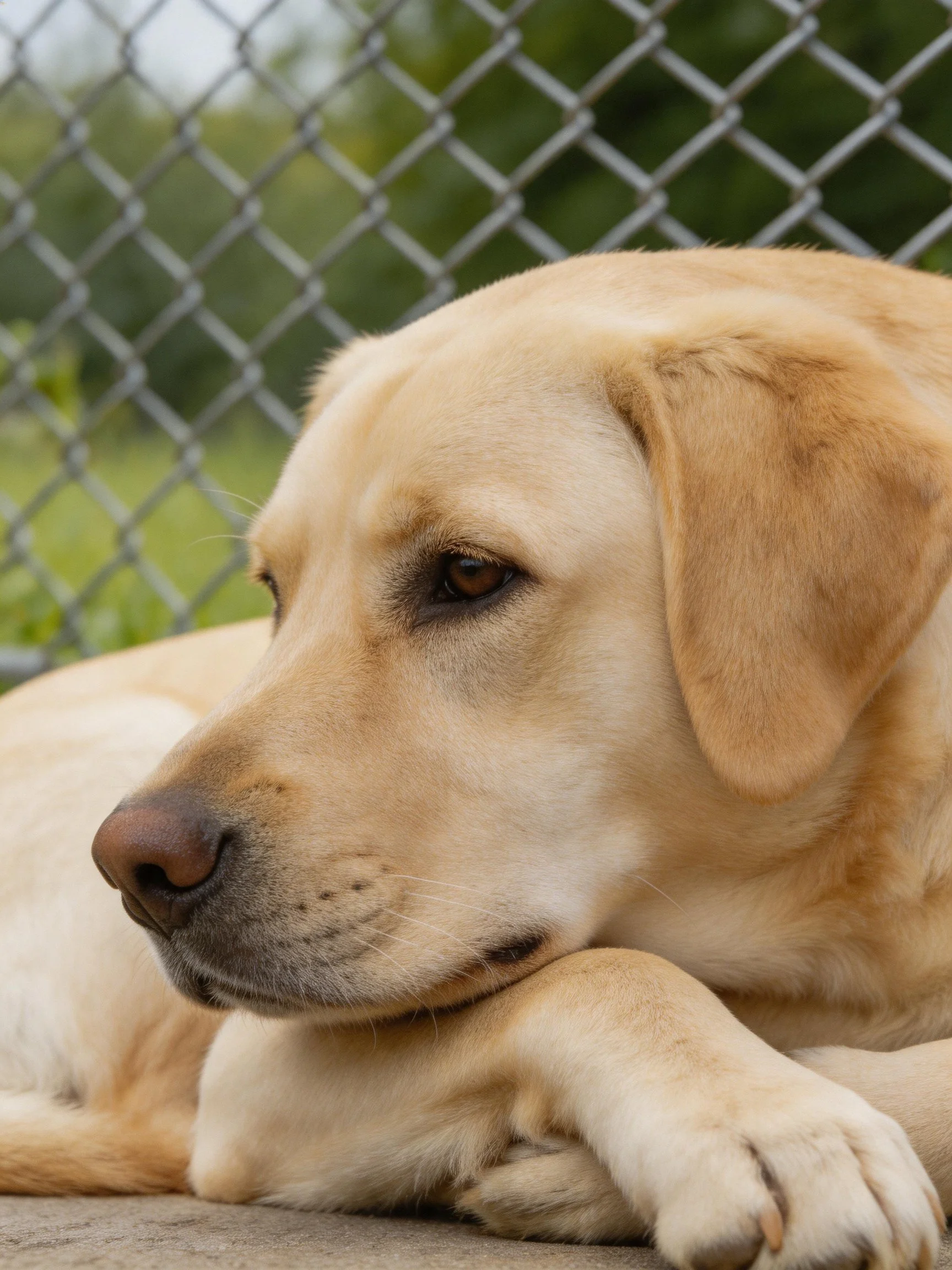 A golden Labrador lies calmly beside a chain-link fence in an outdoor area.