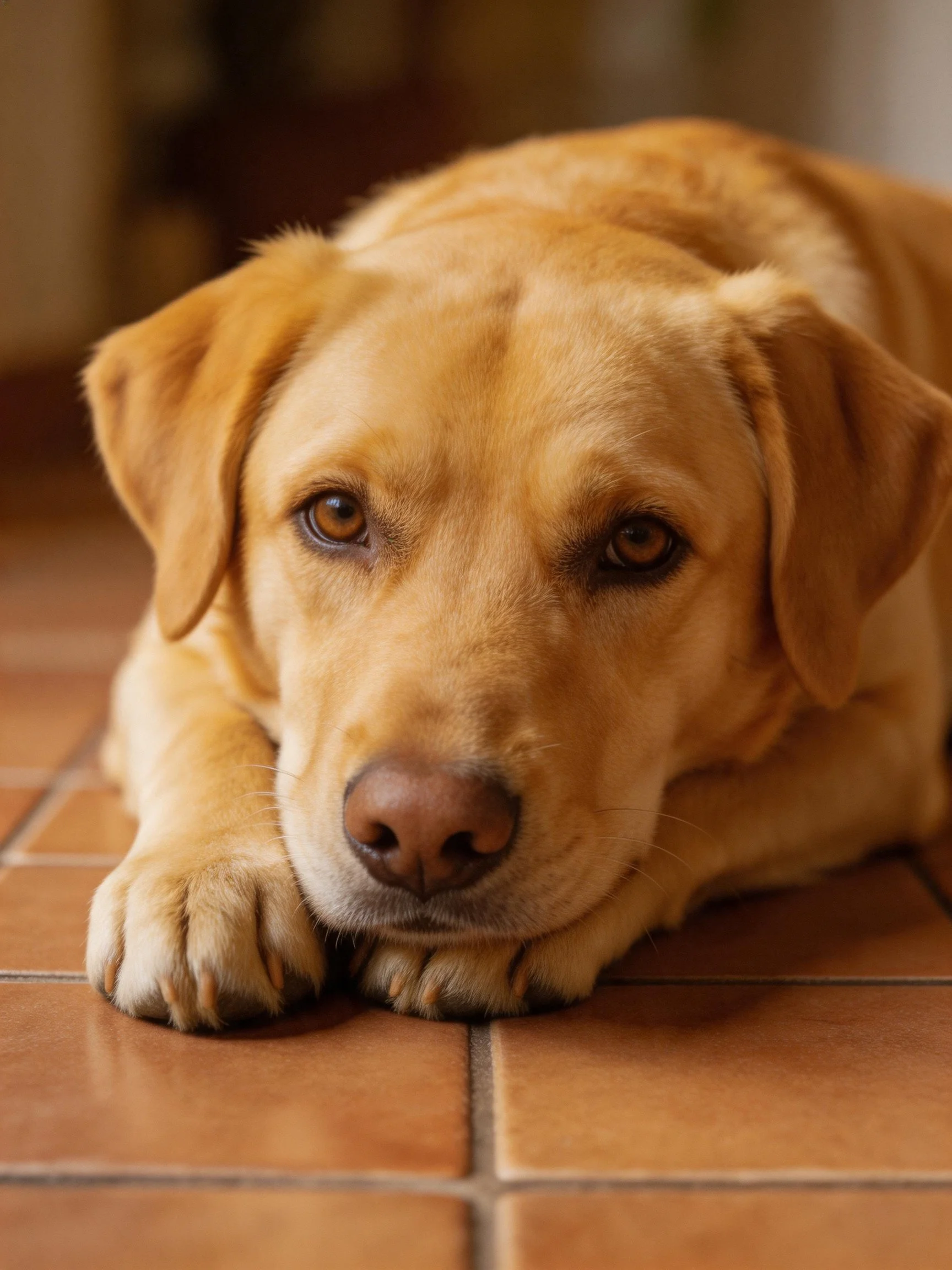 A golden Labrador rests on terracotta tiles indoors
