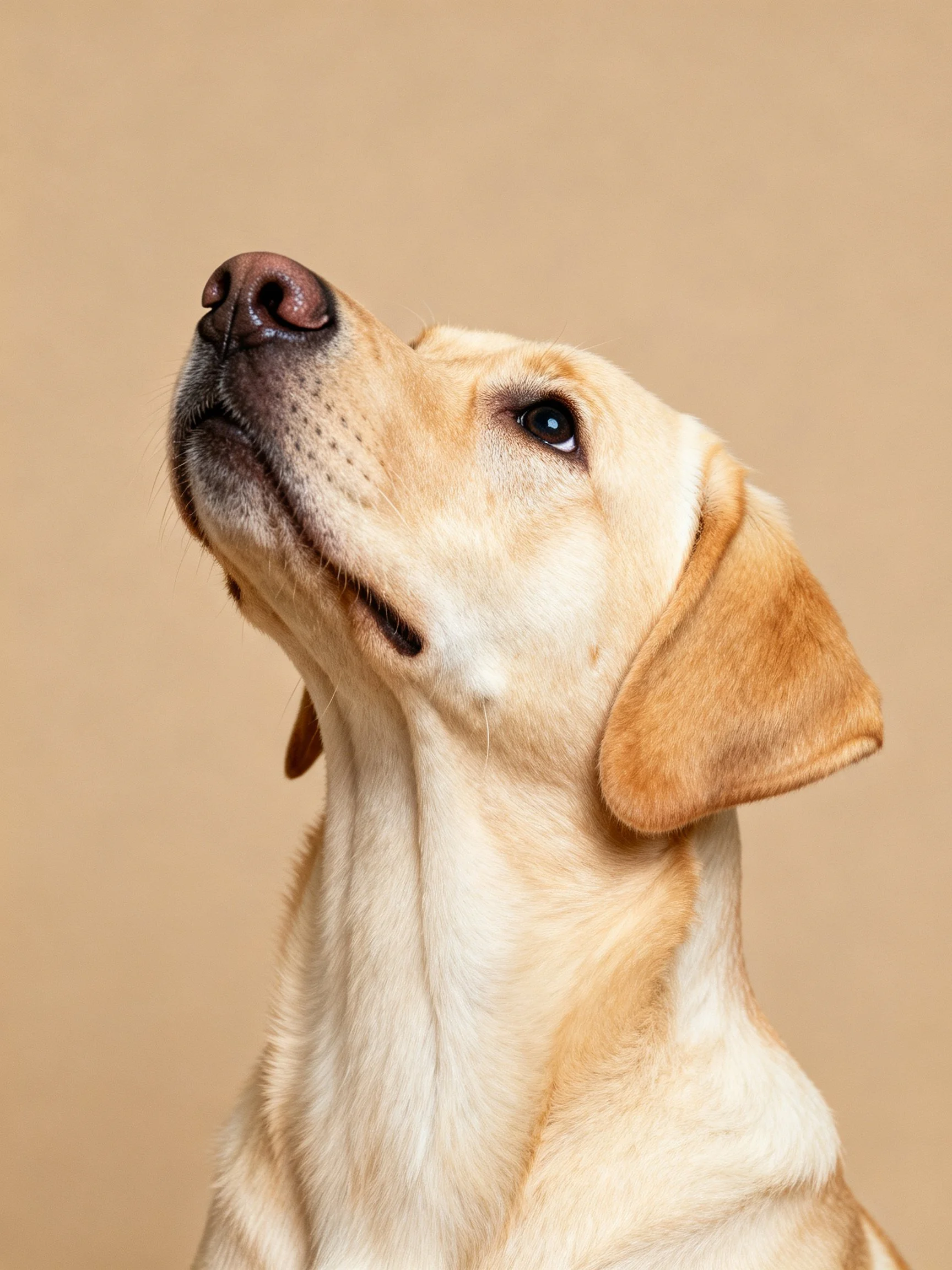 A golden Labrador retriever looks upward with a peaceful demeanor.