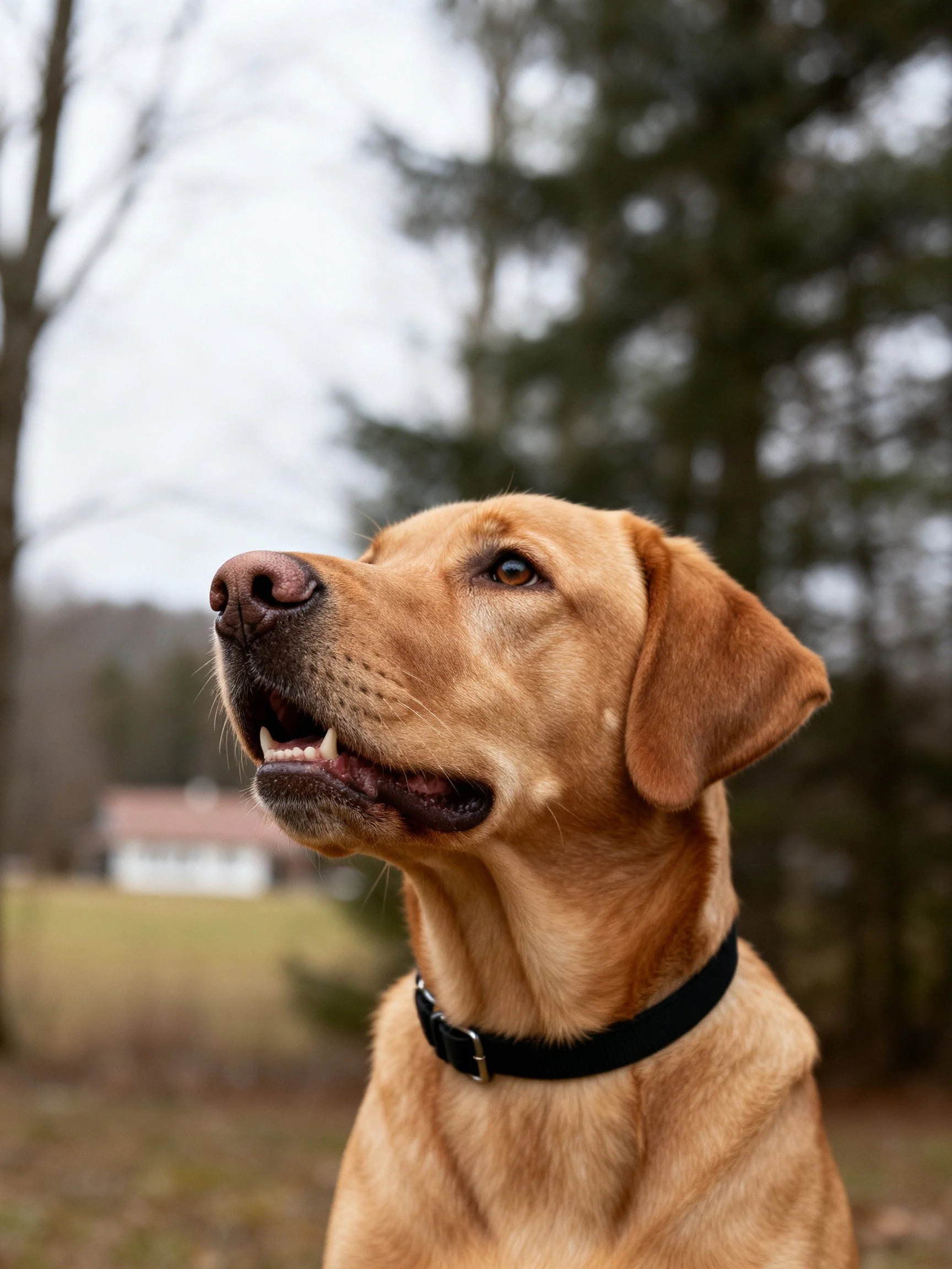 A golden Labrador retriever gazing upward near evergreen trees and a distant house