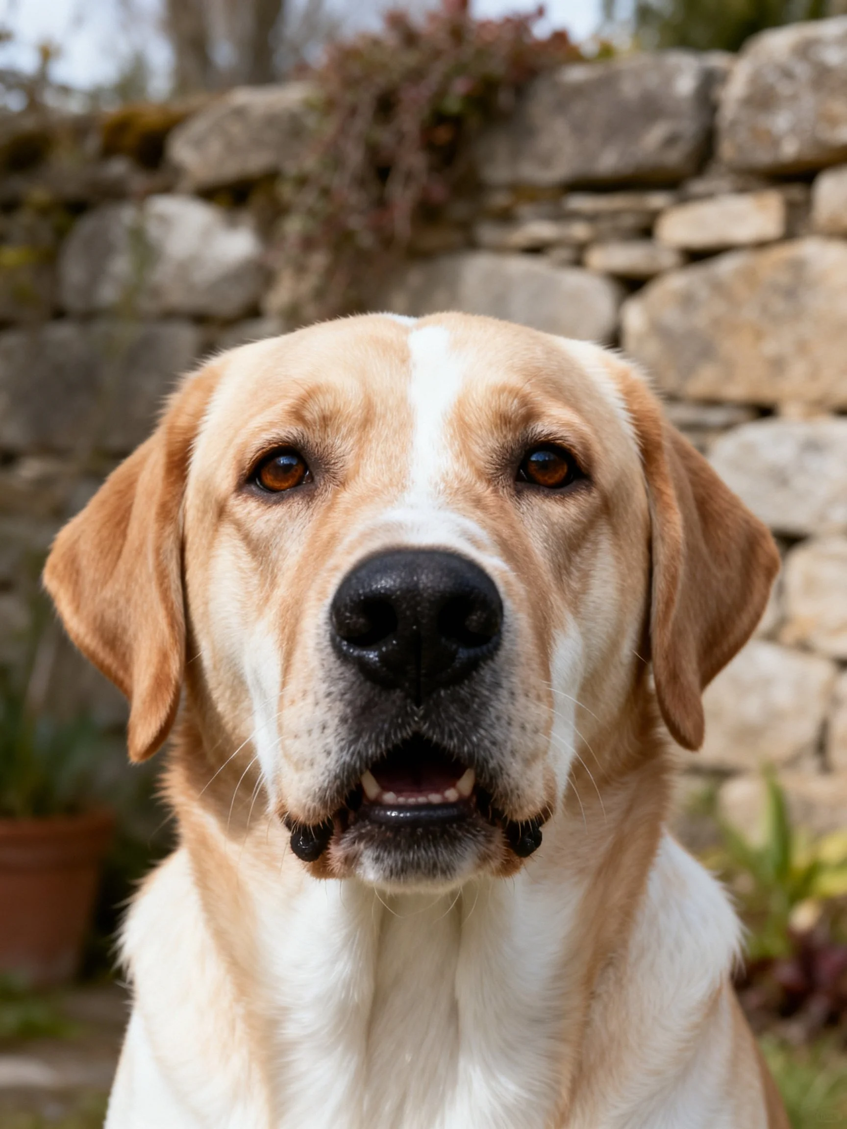 A golden Labrador retriever posed against an aged stone wall backdrop