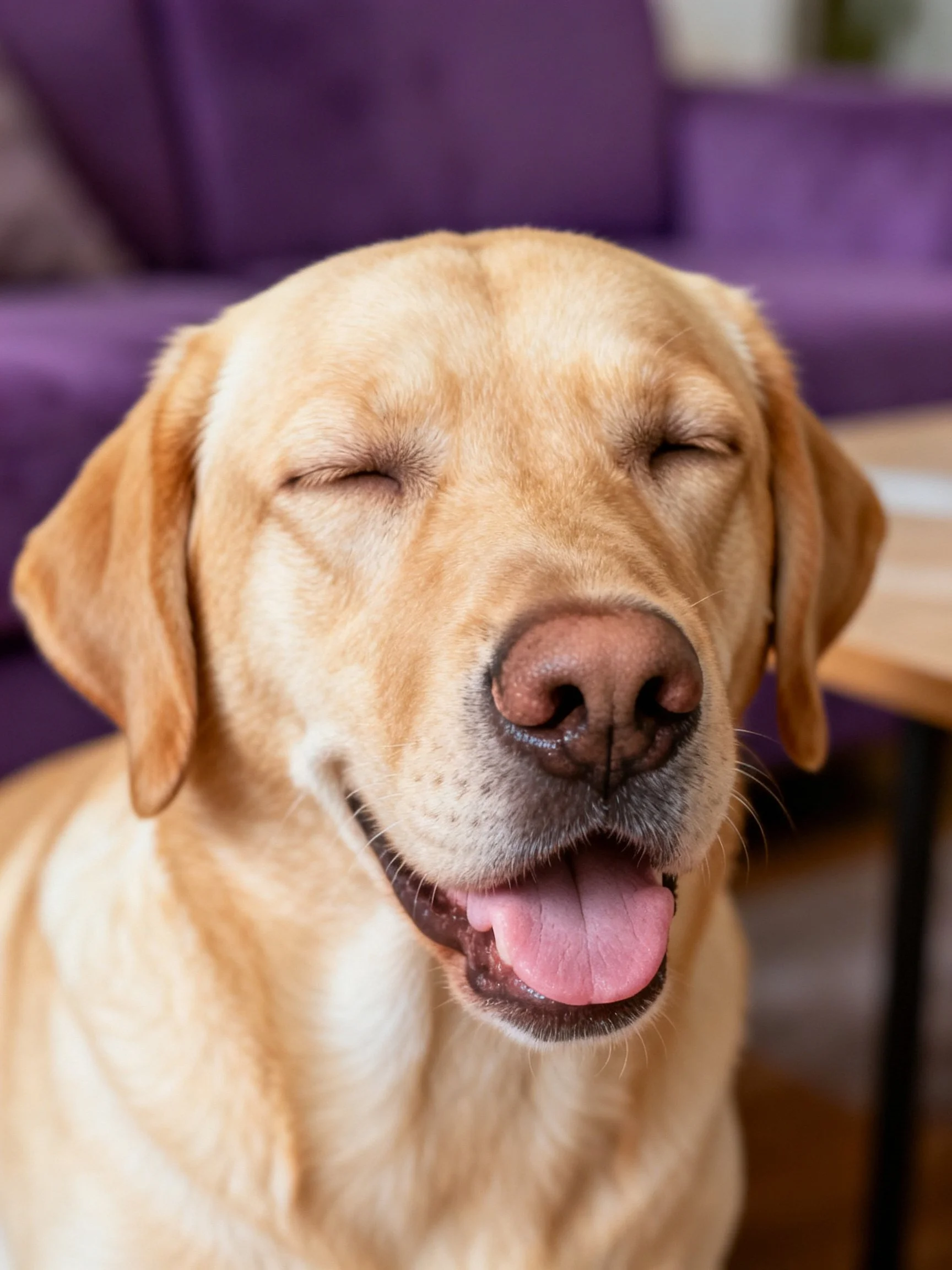 A golden Labrador retriever relaxes with closed eyes near a purple sofa