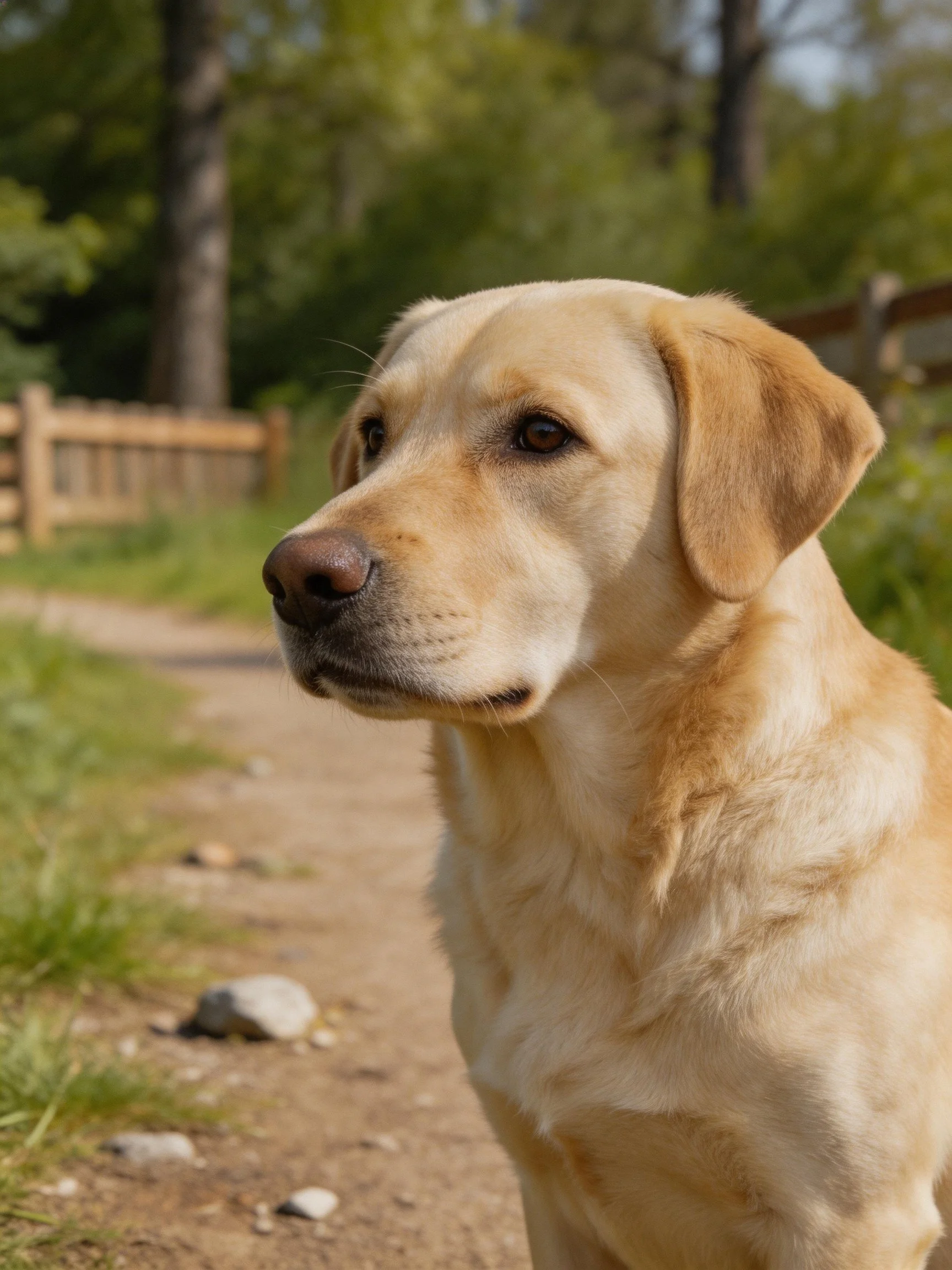 A golden Labrador rests calmly on a dirt path near a wooden fence in a wooded area.