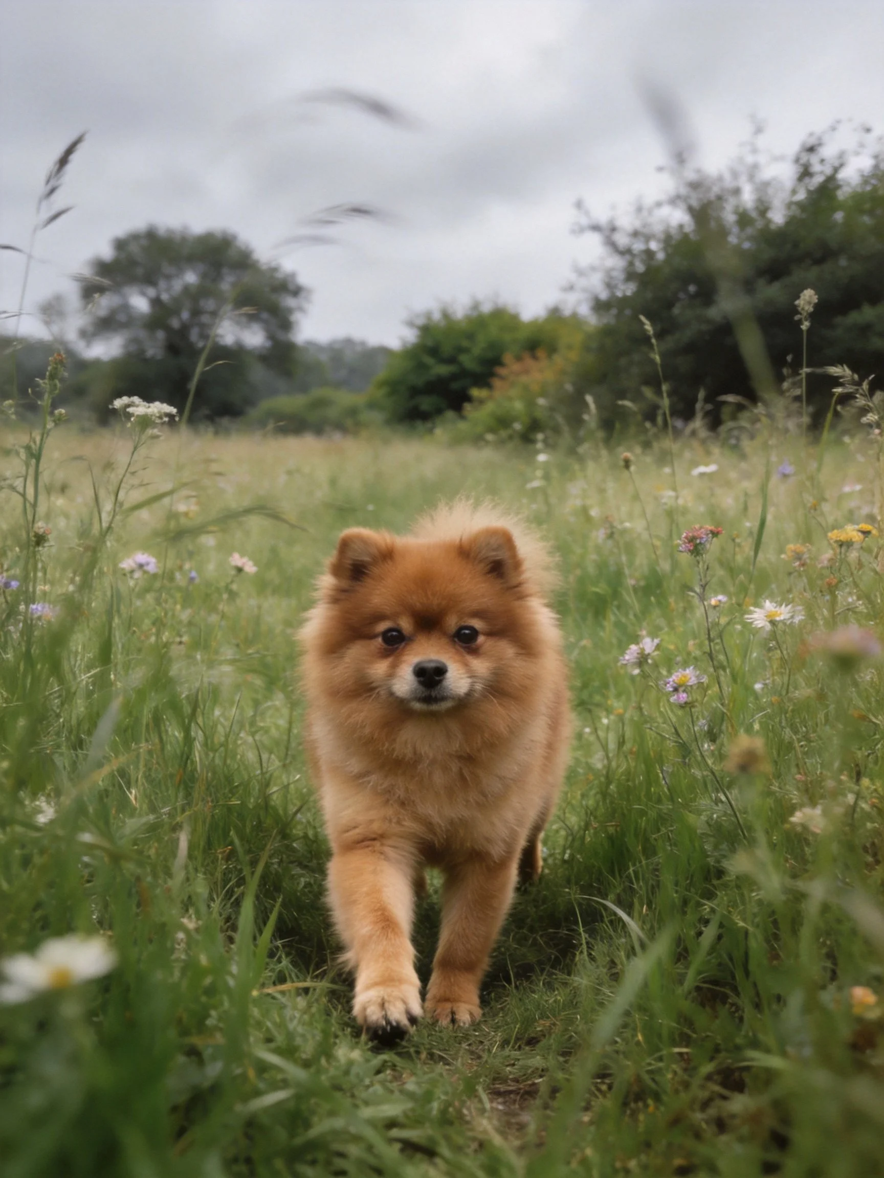 A golden Pomeranian walks through a vibrant meadow with tall grass and flowers.