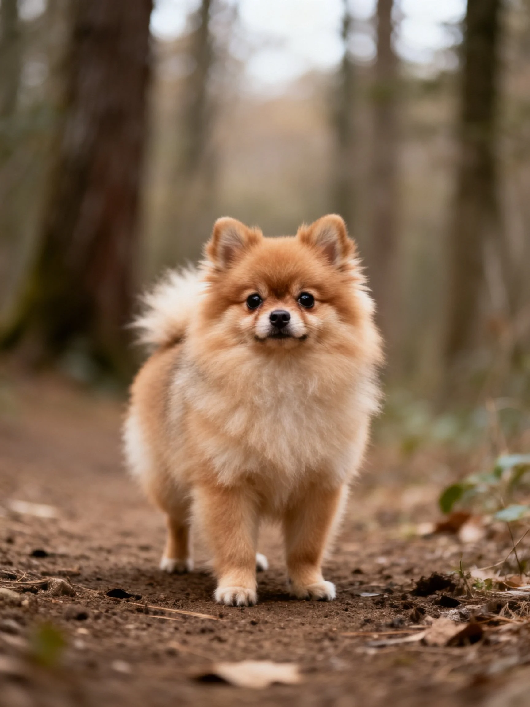 A golden Pomeranian puppy stands on a forest dirt path.