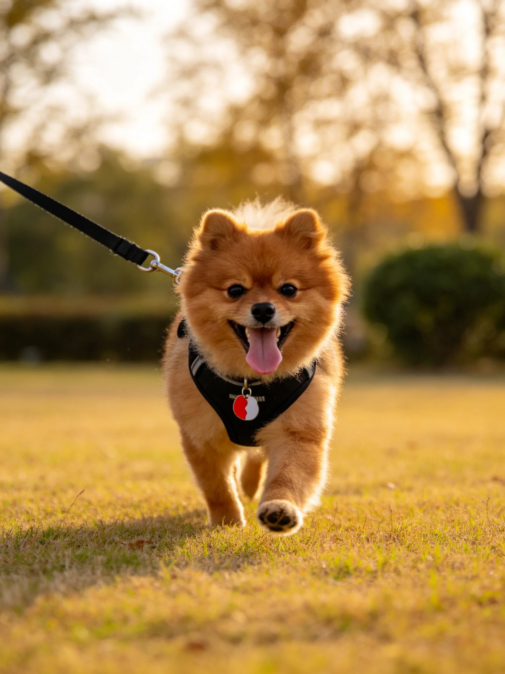 A golden Pomeranian enjoys a walk on a sunlit grassy area.