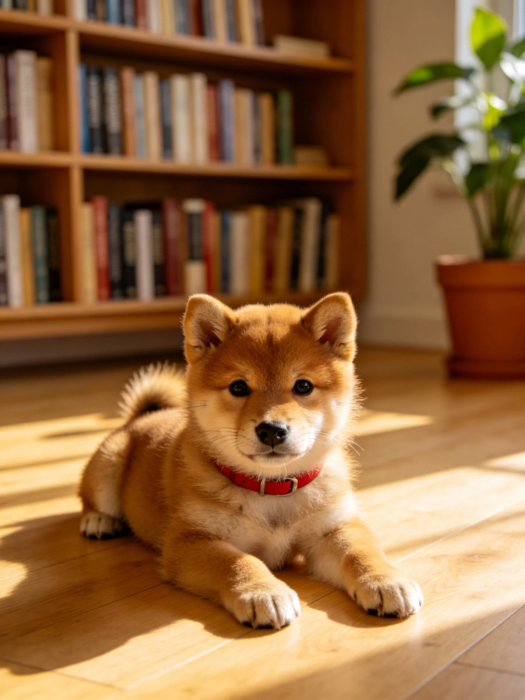 A golden Shiba Inu puppy relaxes on a wooden floor beside a bookshelf