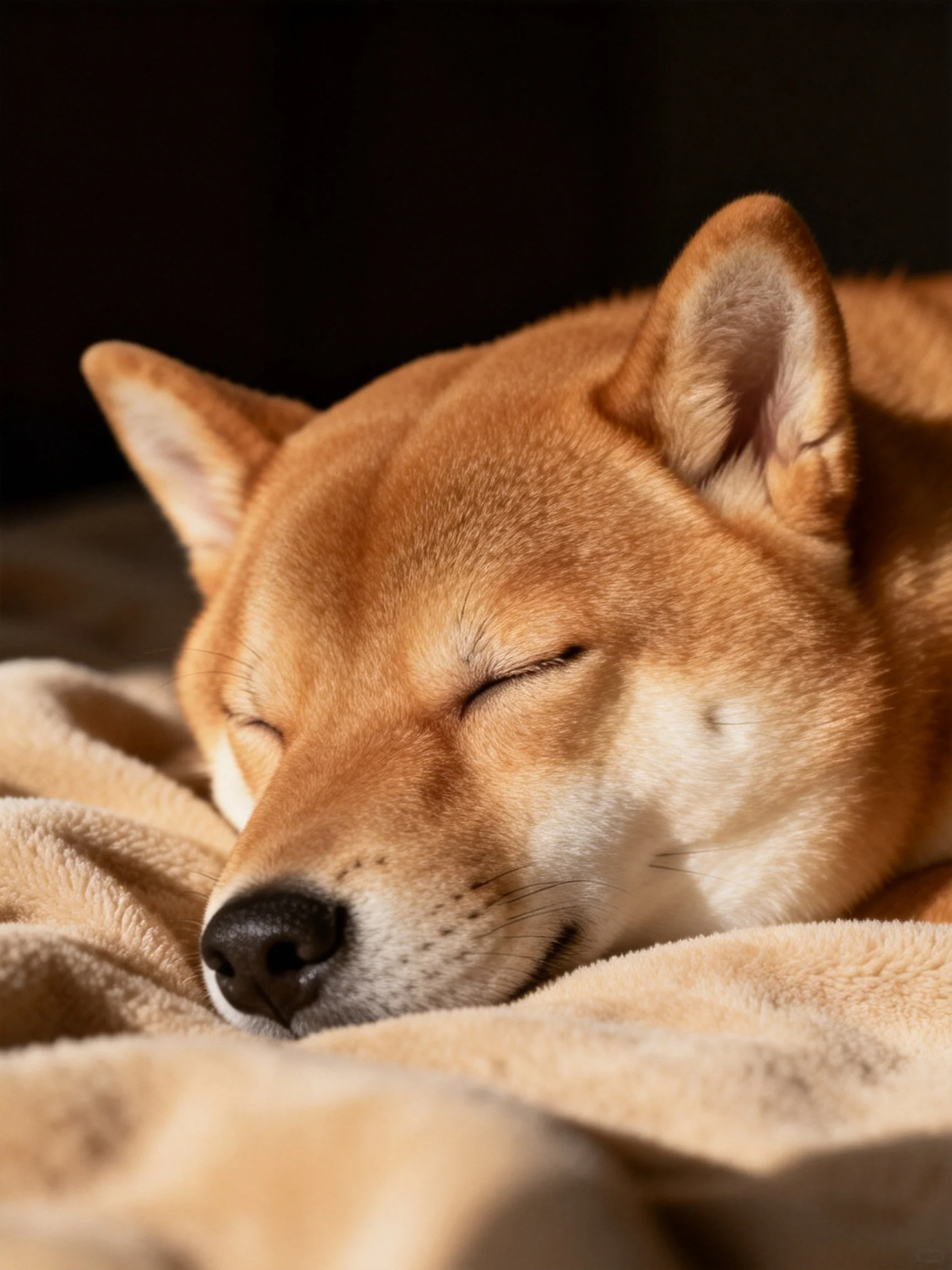 A golden Shiba Inu rests on a soft beige towel