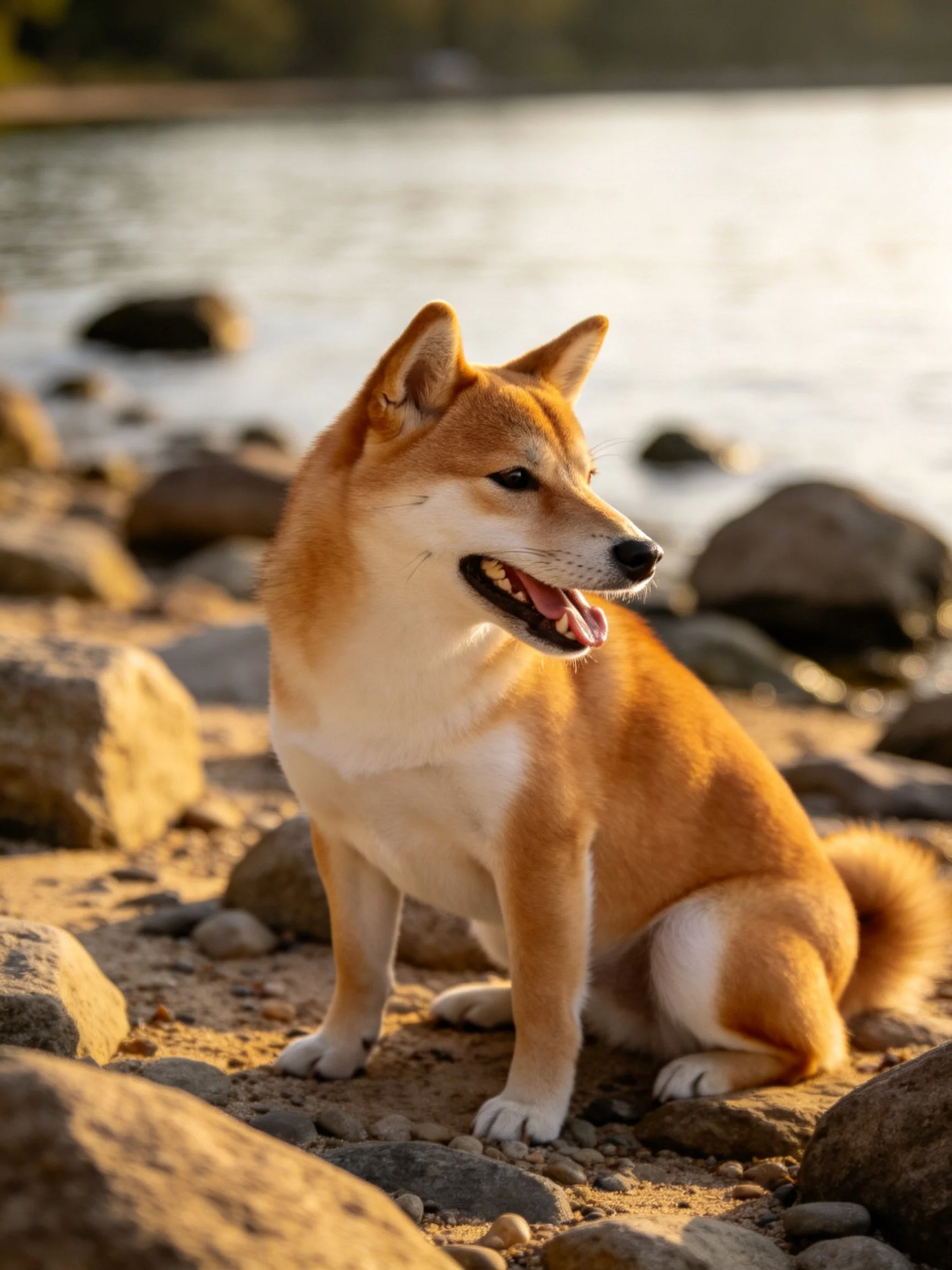 A golden Shiba Inu sits on rocky shore by calm water