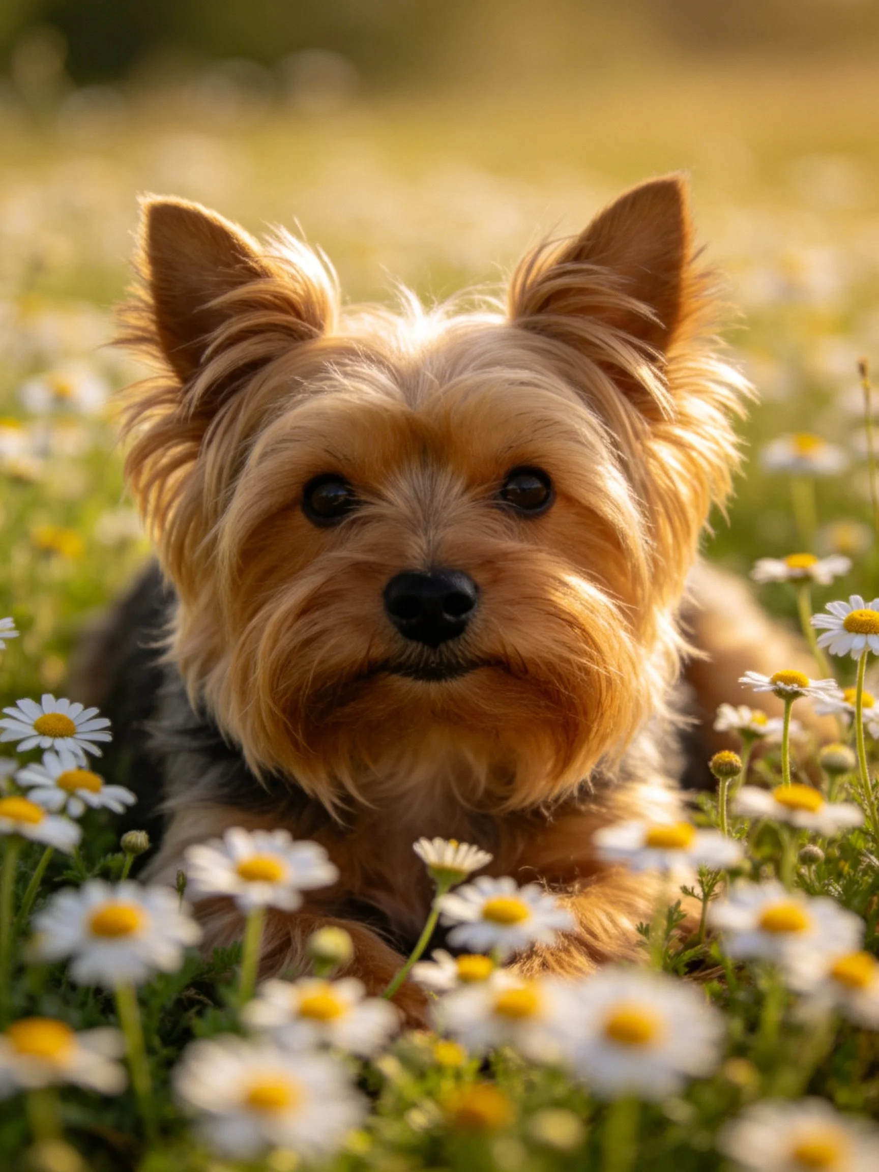 A golden Yorkshire Terrier lies among daisies in a sunlit outdoor setting.