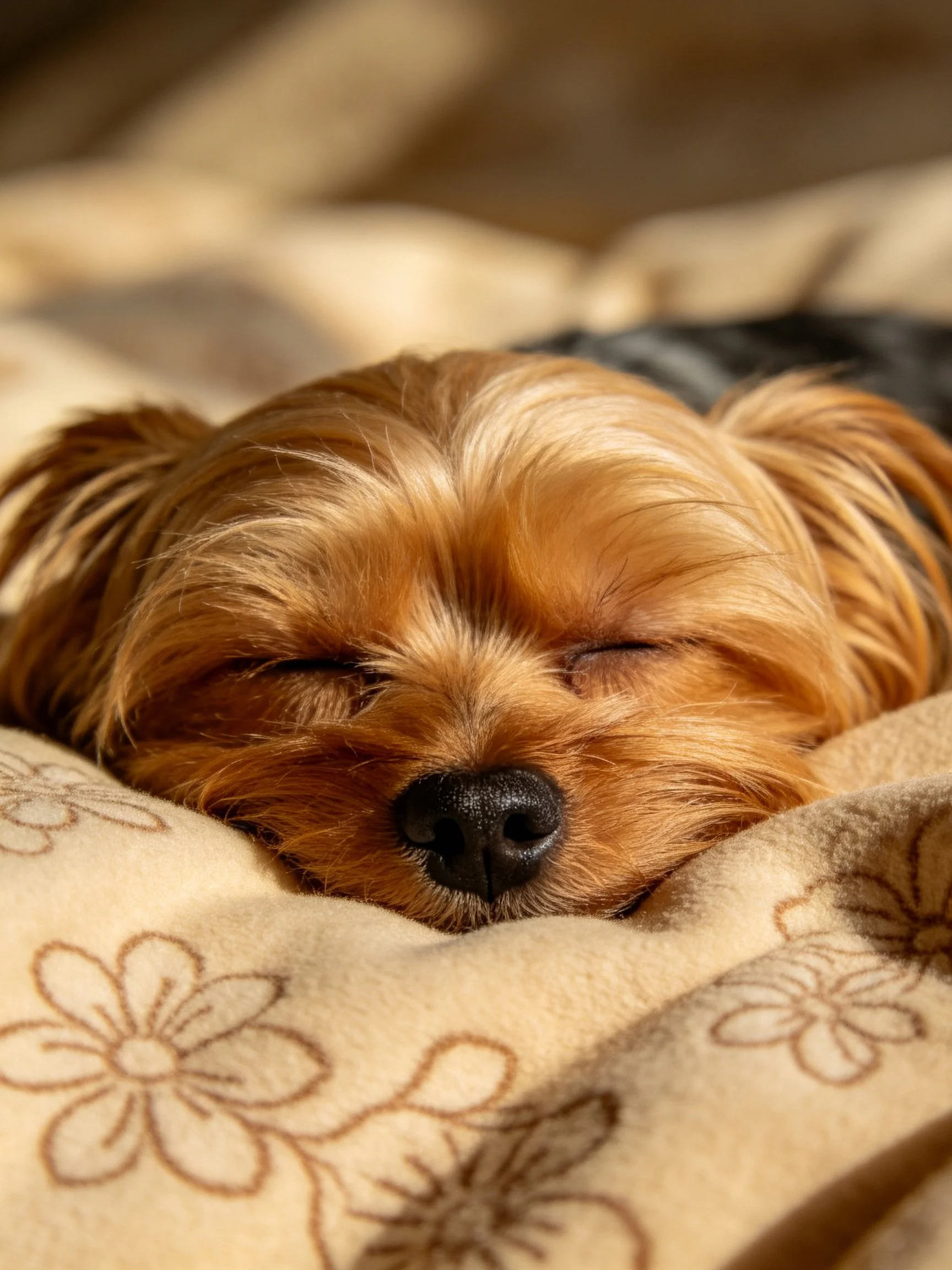 A golden Yorkshire Terrier sleeps on a floral-patterned blanket