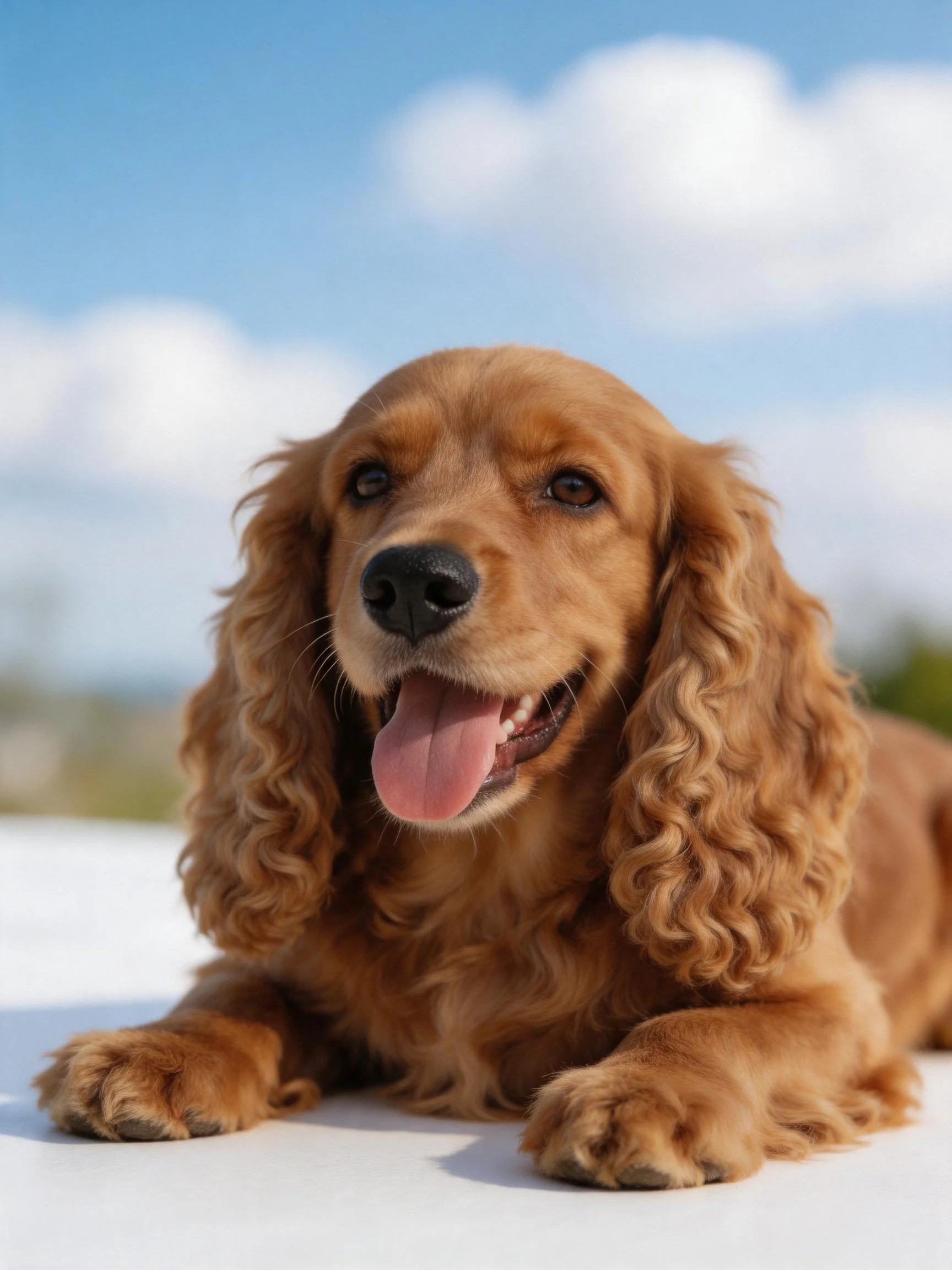 A golden-brown Cocker Spaniel resting outdoors under blue sky