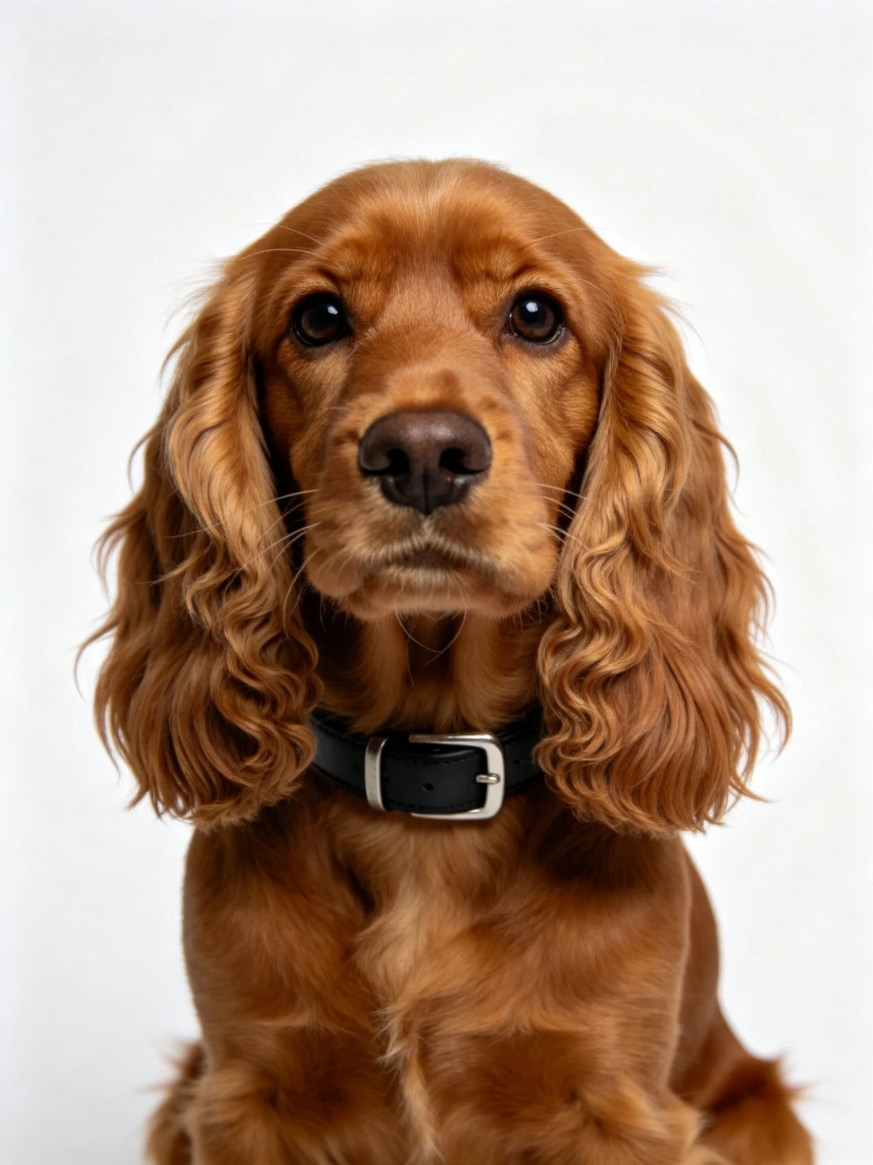 A golden-brown Cocker Spaniel with long, wavy ears and a black collar