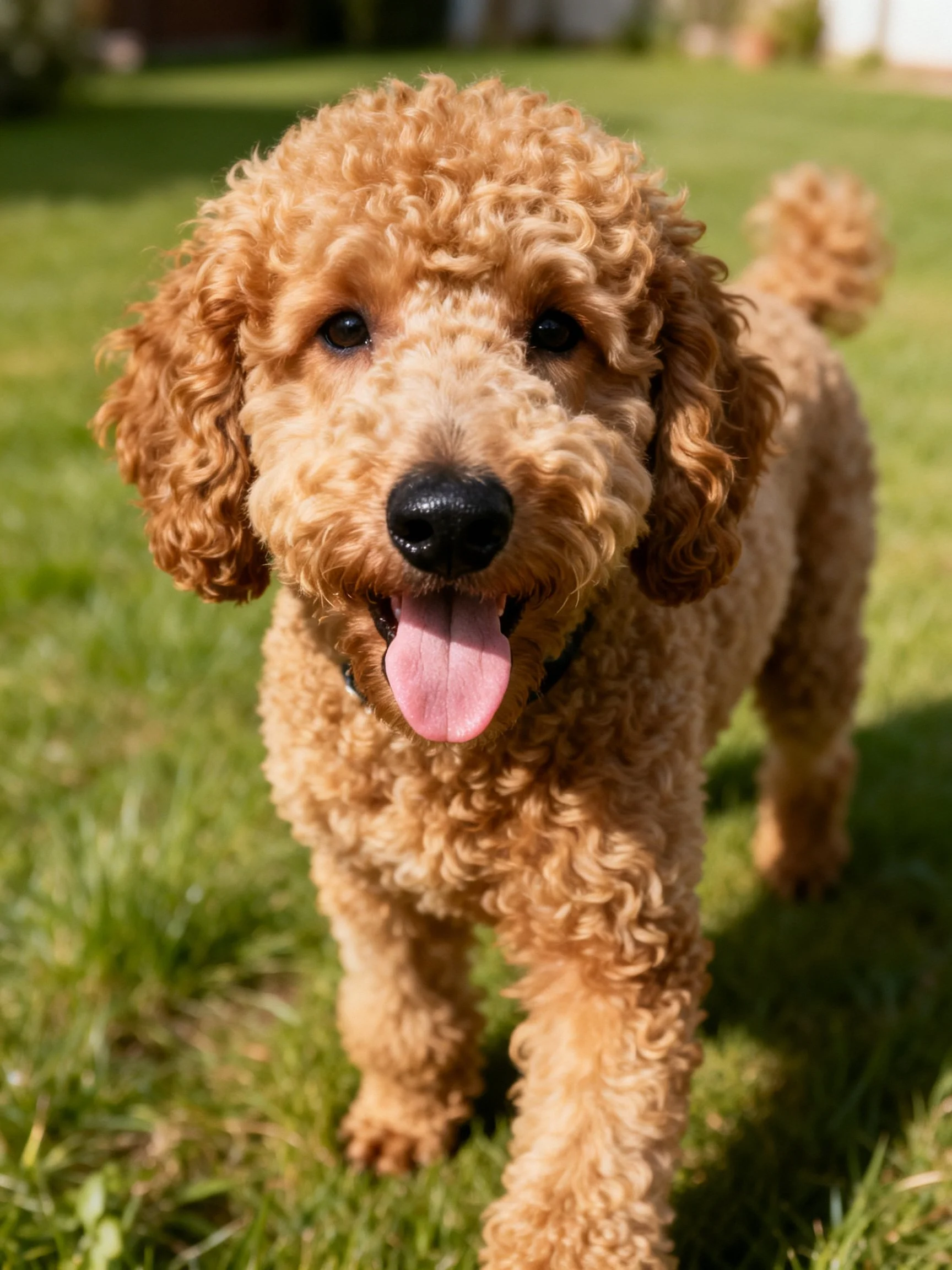 A golden-brown curly-haired dog stands happily on green grass.