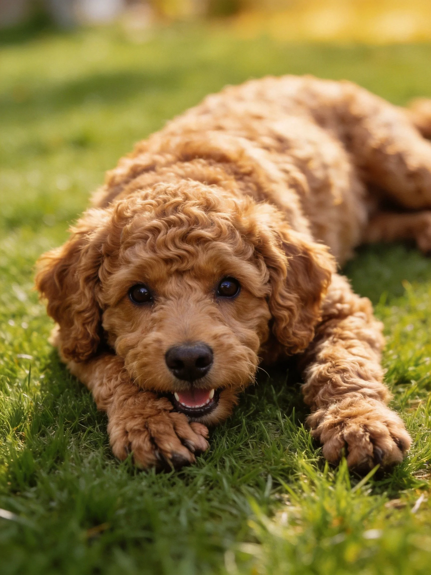 A golden-brown curly-haired puppy relaxes on green grass in bright sunlight.