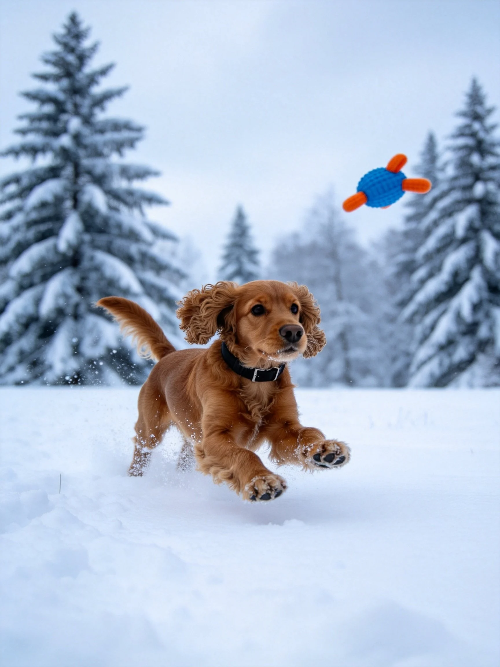 A golden-brown dog chases a blue-orange toy in a snowy forest