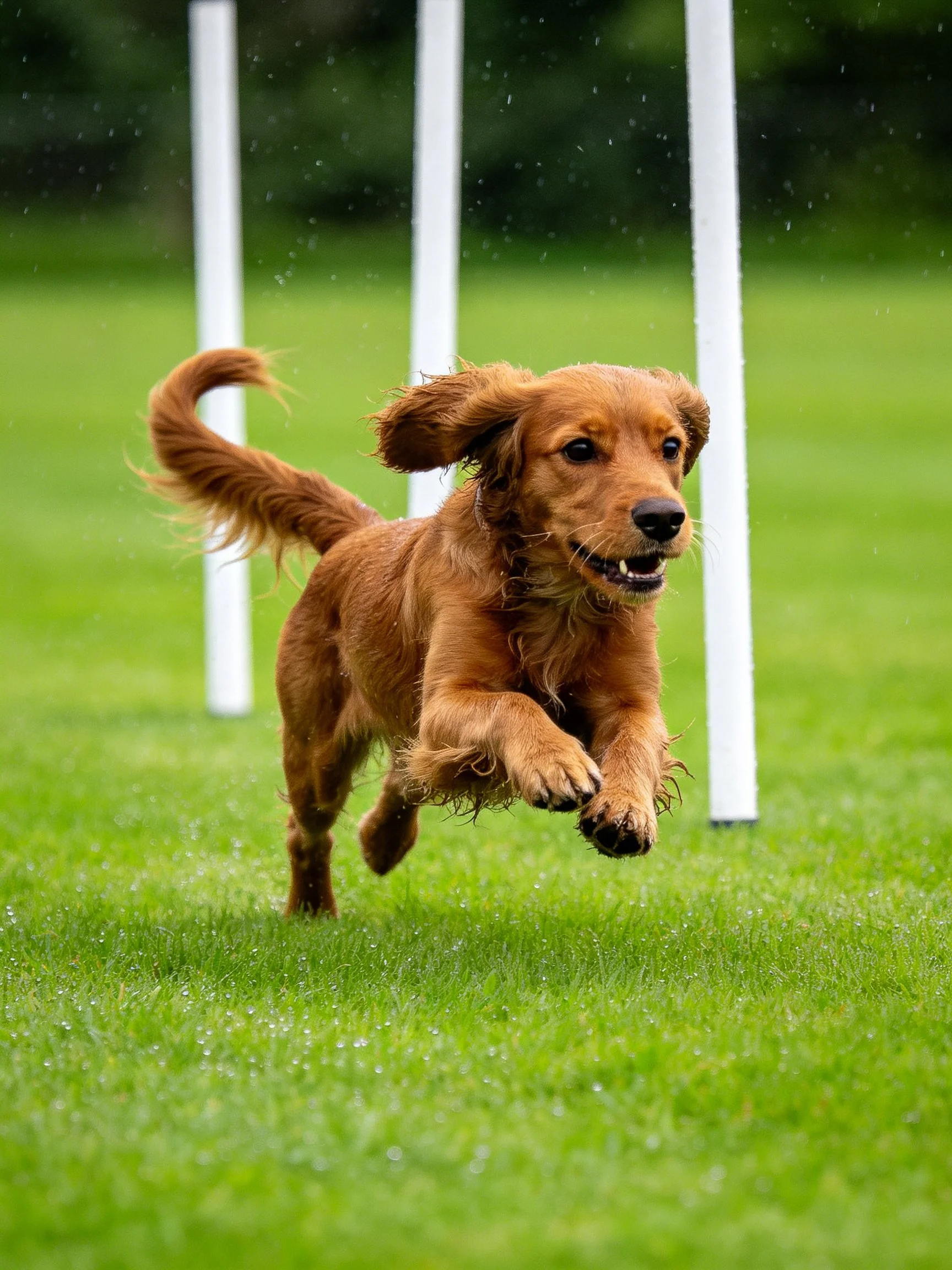 A golden-brown dog dashes through white agility poles on a green field