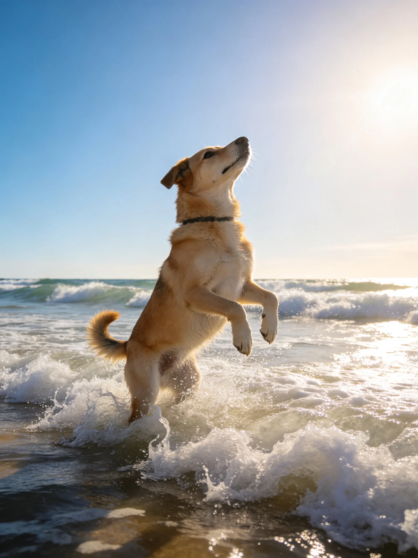 A golden-brown dog jumps into ocean waves on a sunny day.