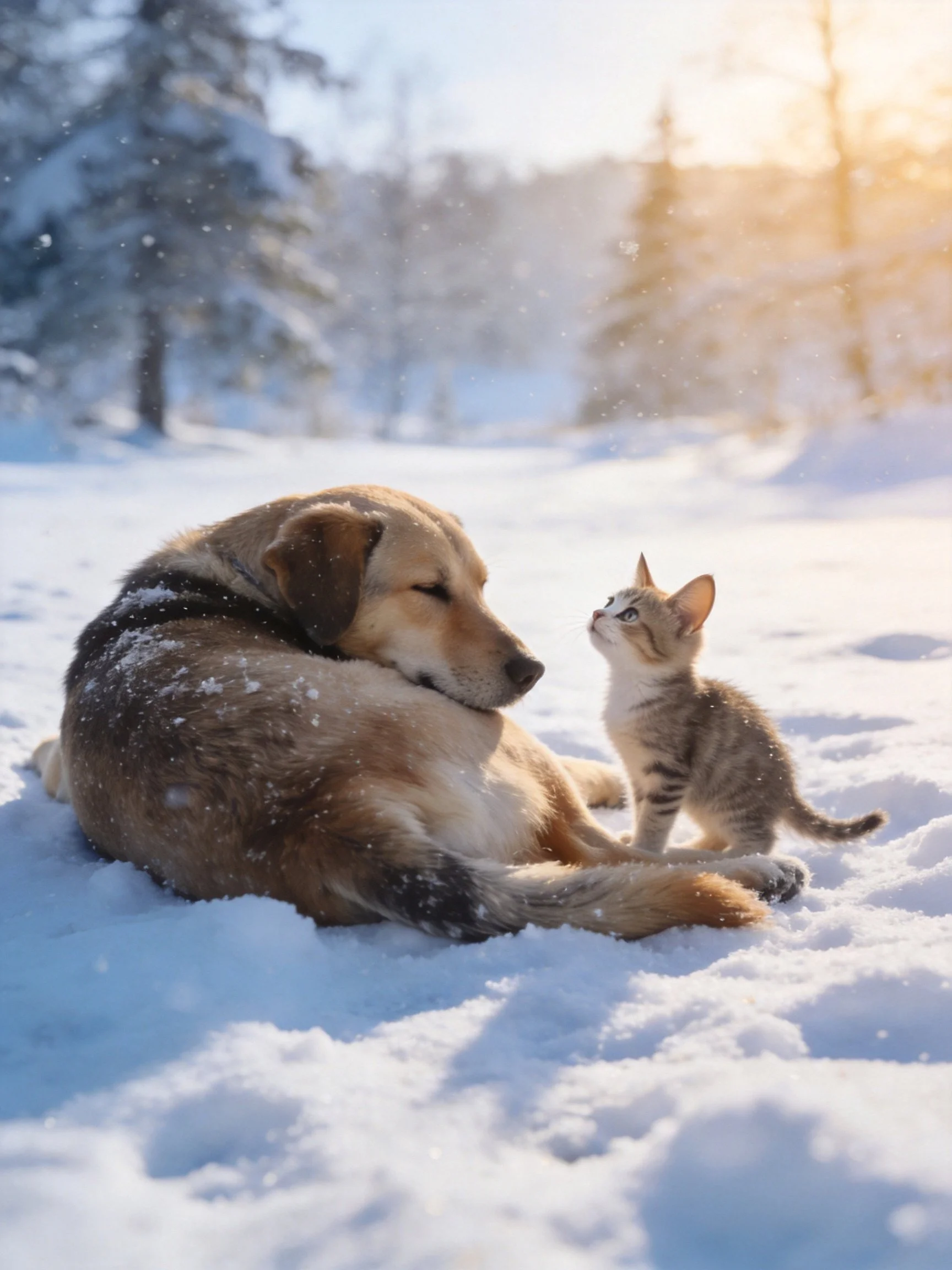 A dog and kitten share a peaceful moment in a snowy outdoor setting.