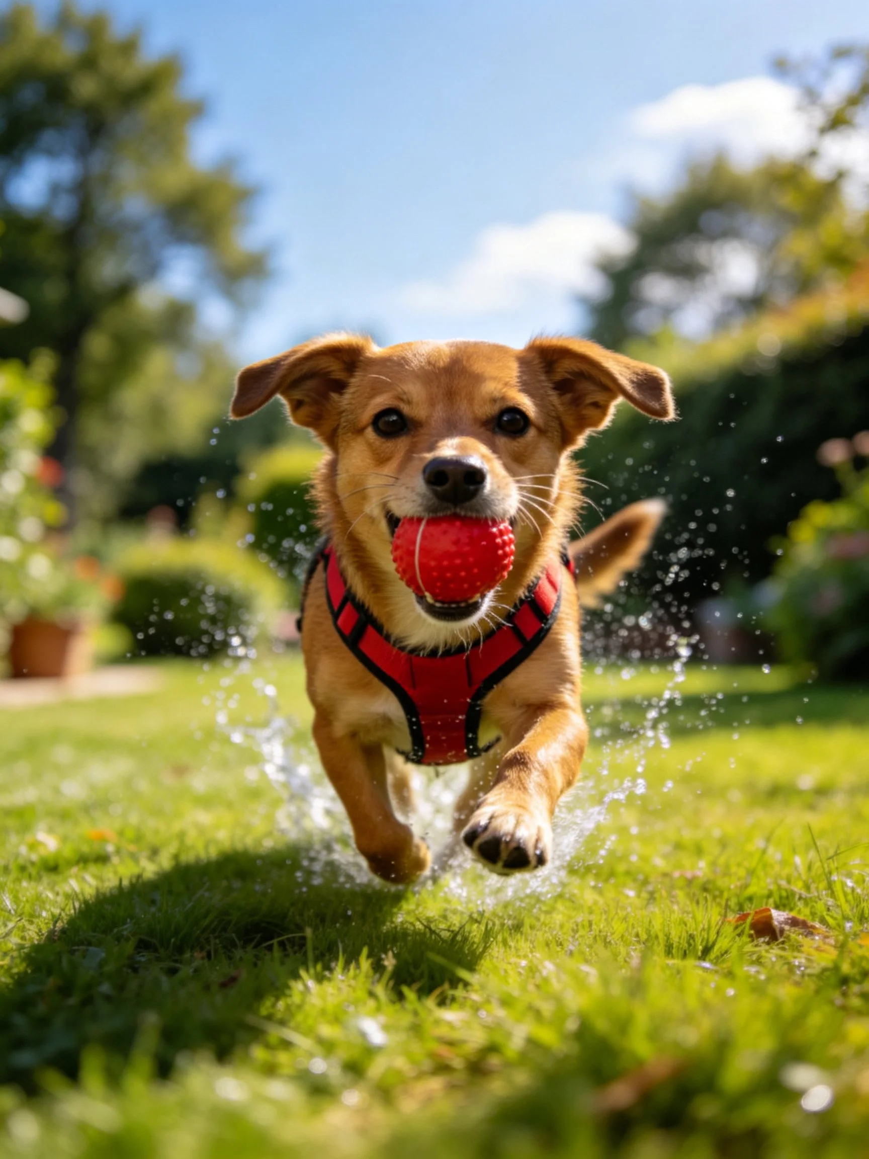 A golden-brown dog dashes through splashing water carrying a red ball.