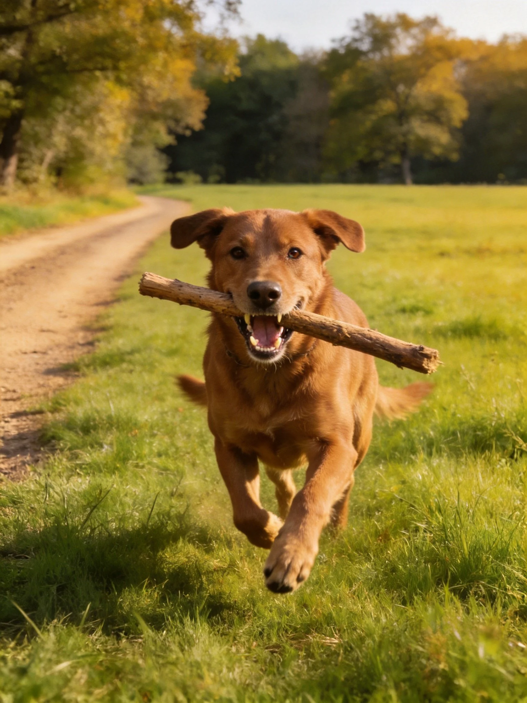 A golden-brown dog runs with a wooden stick in a sunlit meadow