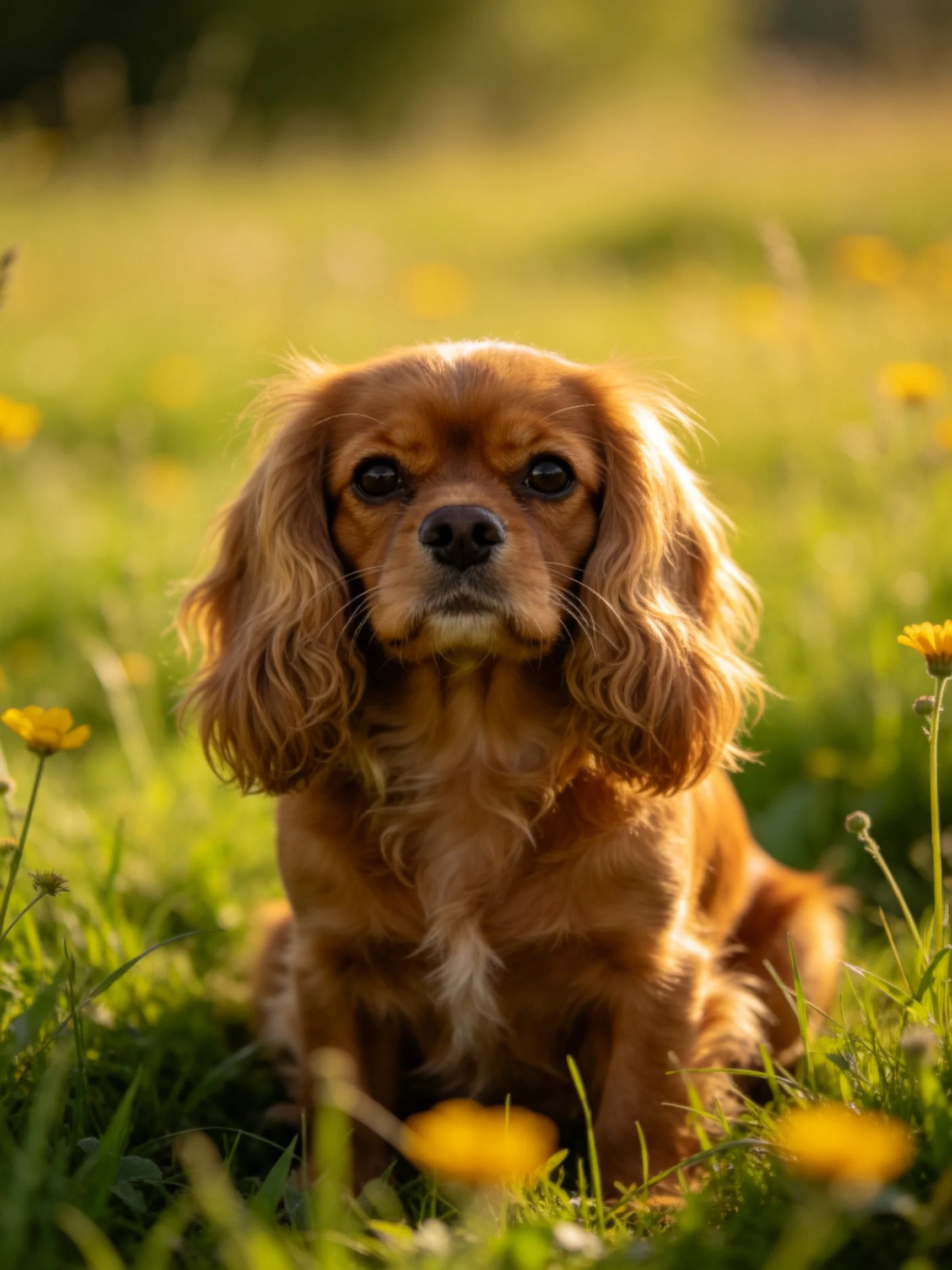 A golden-brown dog sits calmly among green grass and yellow wildflowers.