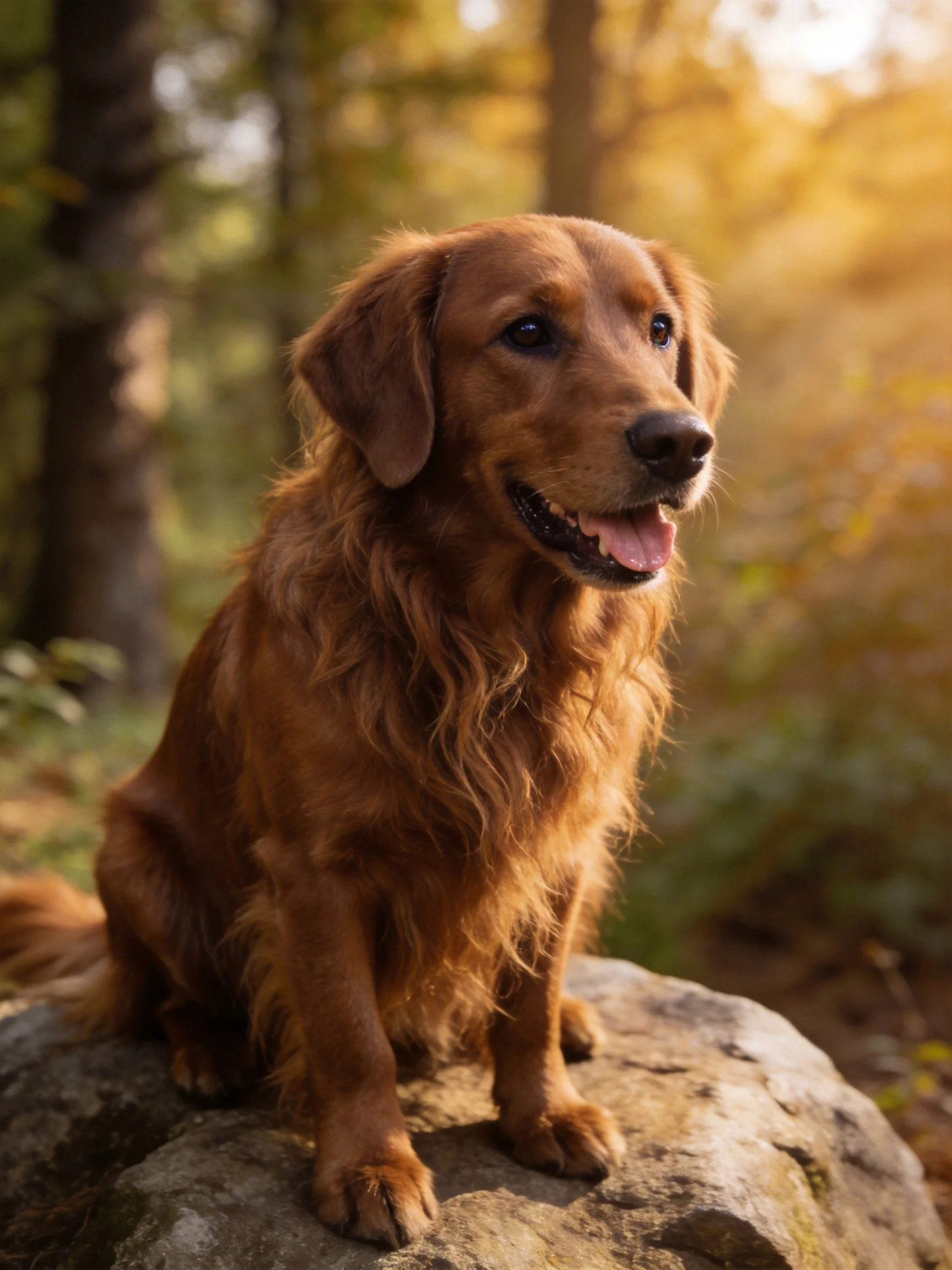 A golden-brown dog sits on a mossy rock in a sunlit forest